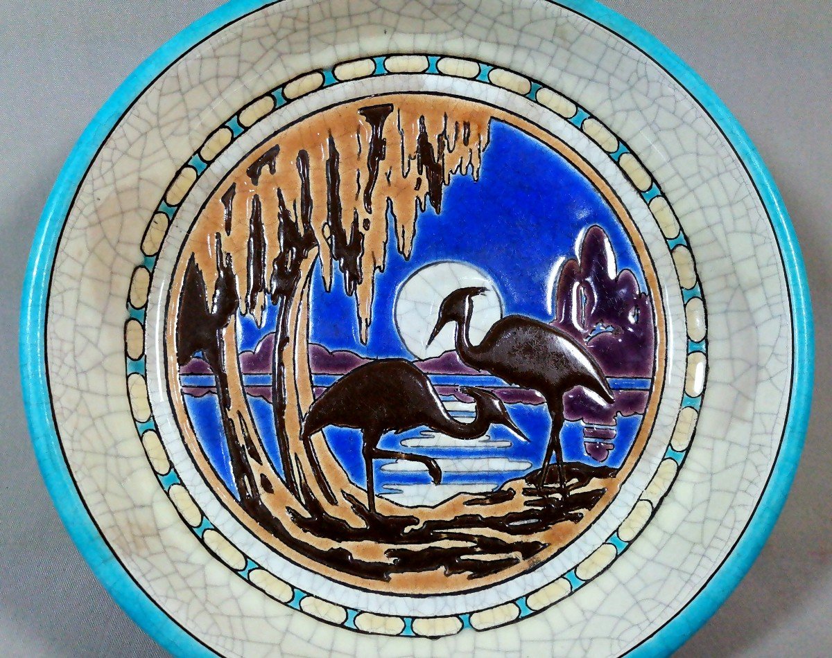 Longwy Earthenware, Rare Art Deco Period Bowl, Decorated With Herons In The Moonlight, Circa 1925-photo-2