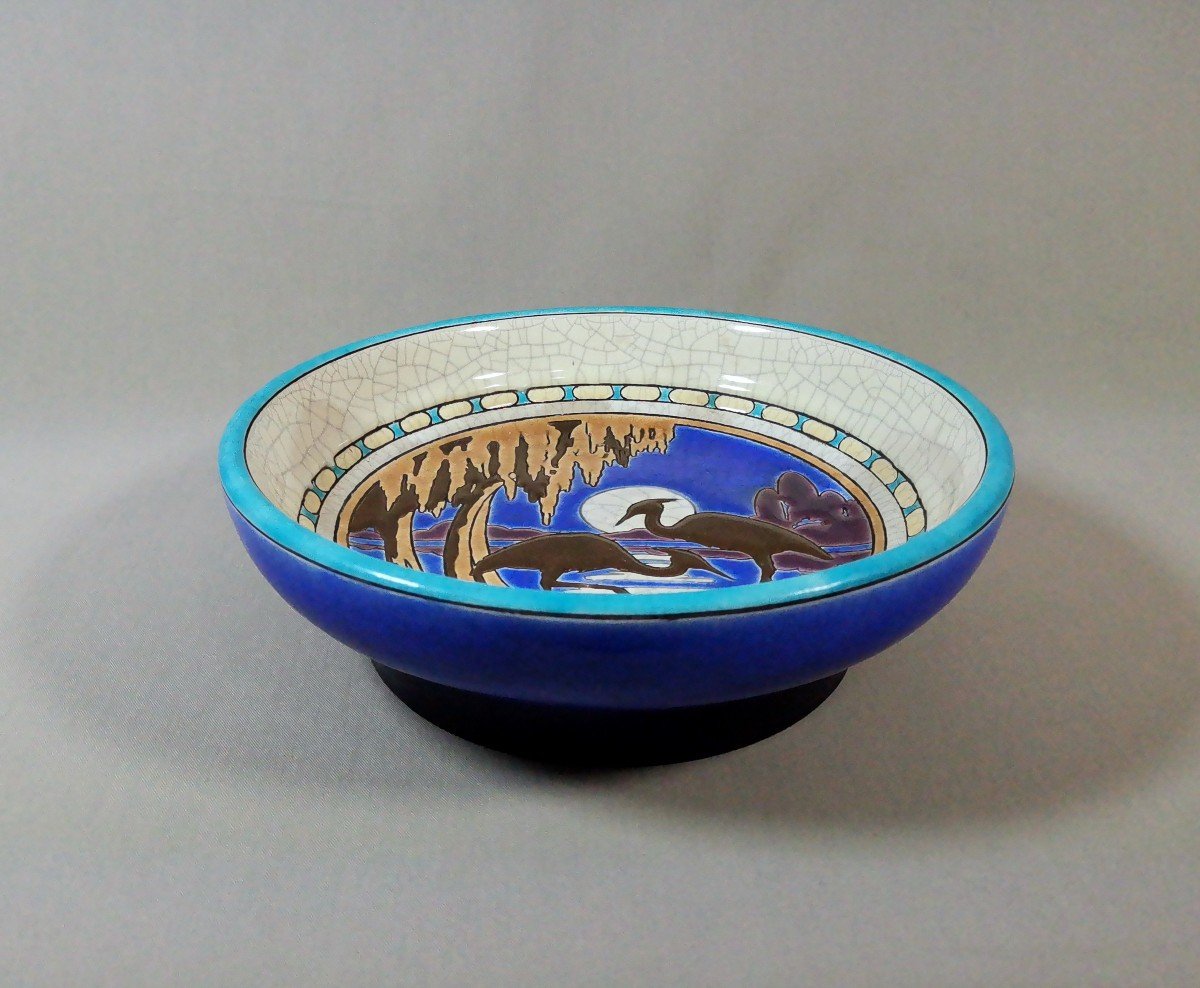 Longwy Earthenware, Rare Art Deco Period Bowl, Decorated With Herons In The Moonlight, Circa 1925-photo-4