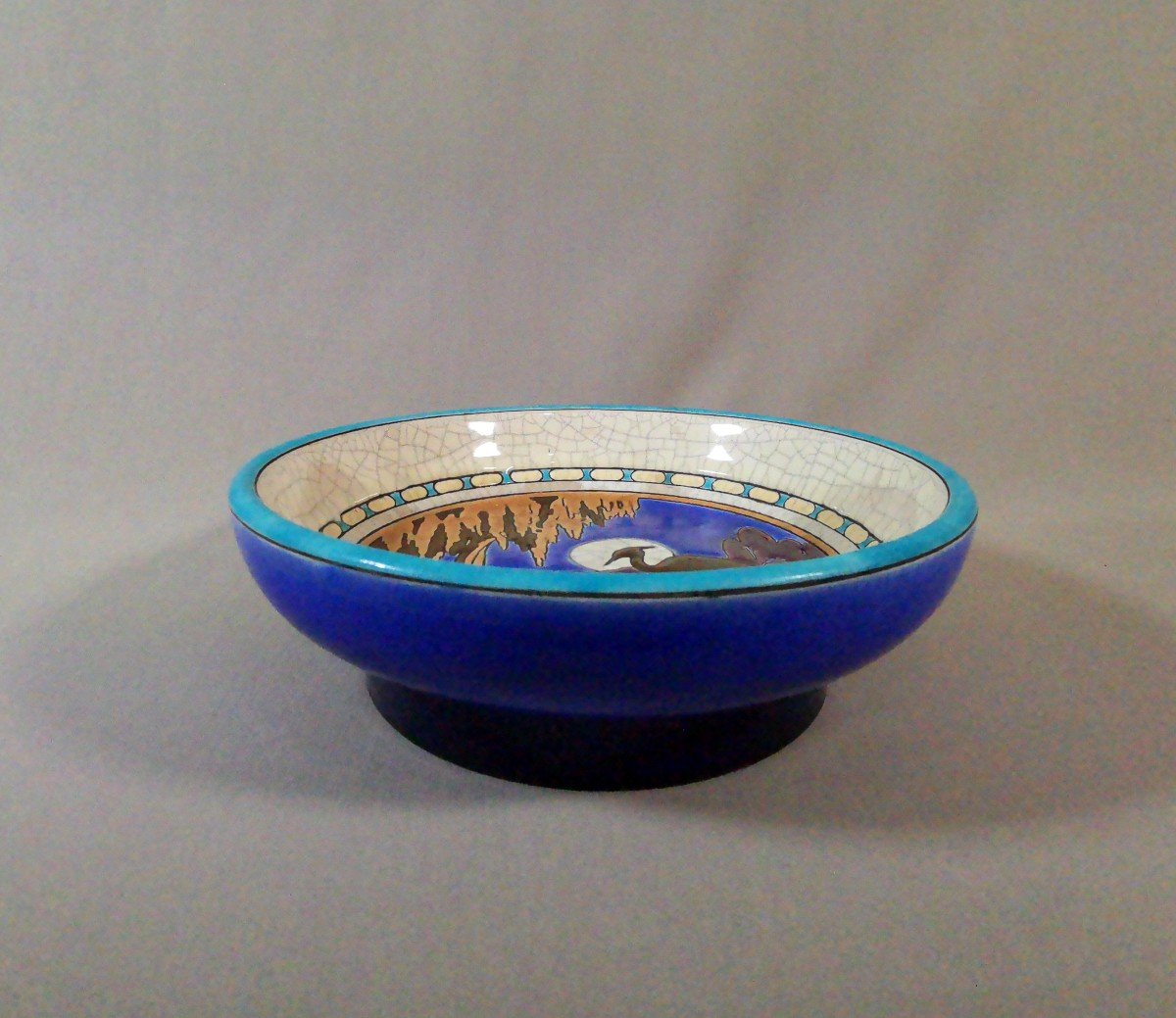 Longwy Earthenware, Rare Art Deco Period Bowl, Decorated With Herons In The Moonlight, Circa 1925-photo-3