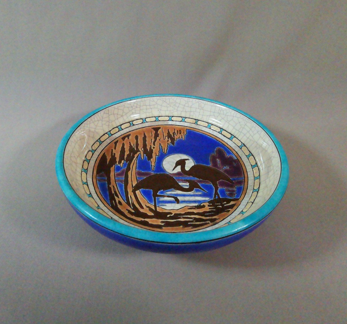 Longwy Earthenware, Rare Art Deco Period Bowl, Decorated With Herons In The Moonlight, Circa 1925-photo-4