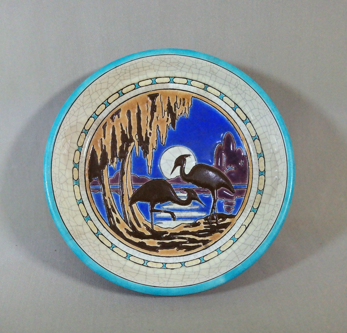 Longwy Earthenware, Rare Art Deco Period Bowl, Decorated With Herons In The Moonlight, Circa 1925-photo-5