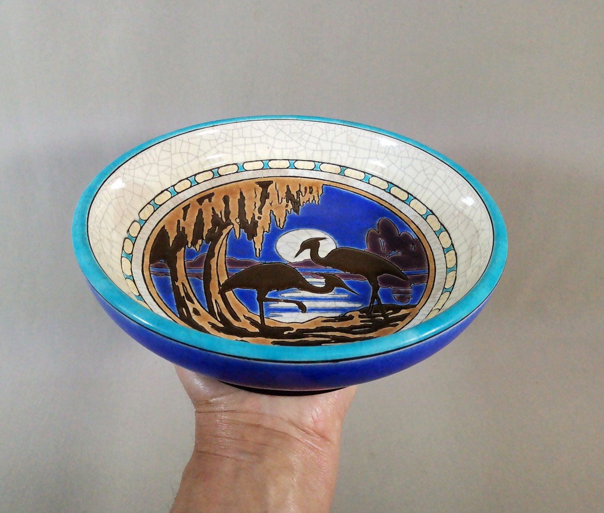 Longwy Earthenware, Rare Art Deco Period Bowl, Decorated With Herons In The Moonlight, Circa 1925-photo-6