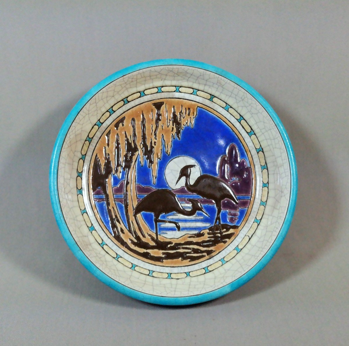 Longwy Earthenware, Rare Art Deco Period Bowl, Decorated With Herons In The Moonlight, Circa 1925