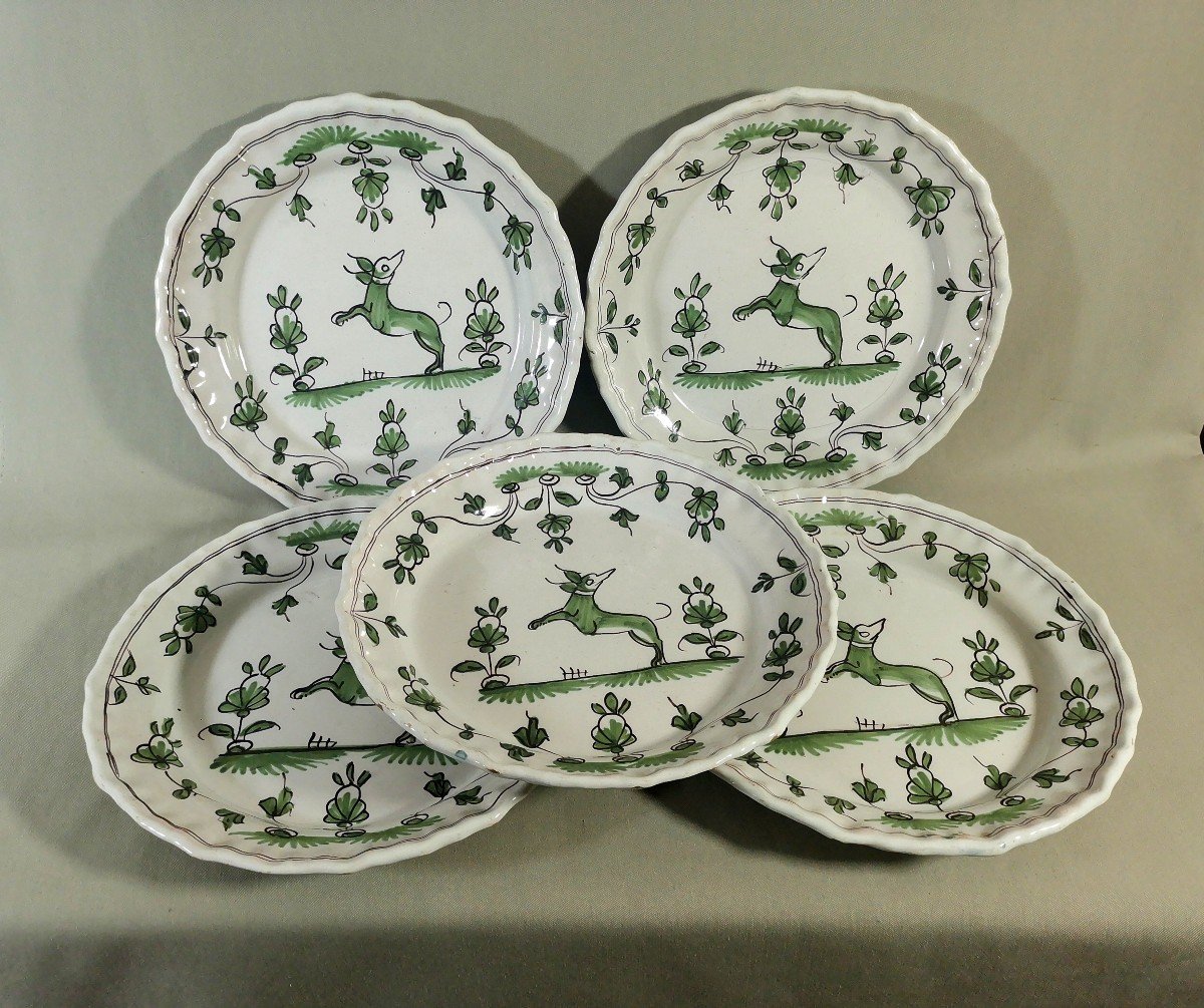 Faience De Bordeaux, 5 Assiettes XVIIIe, D&eacute;cor &agrave; La Levrette, Cama&iuml;eu De Vert &amp; Mangan&egrave;se-photo-3