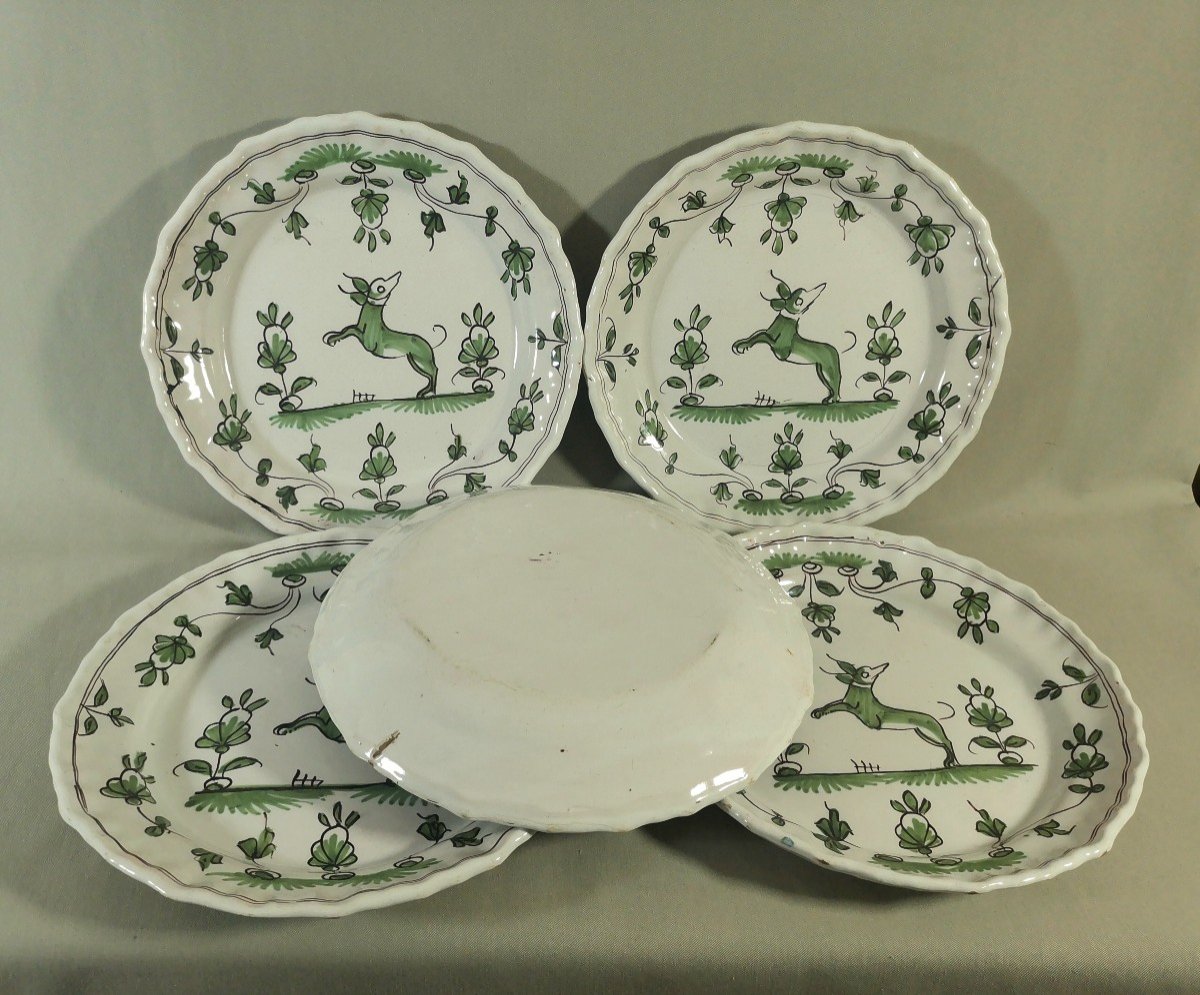 Faience De Bordeaux, 5 Assiettes XVIIIe, D&eacute;cor &agrave; La Levrette, Cama&iuml;eu De Vert &amp; Mangan&egrave;se-photo-4