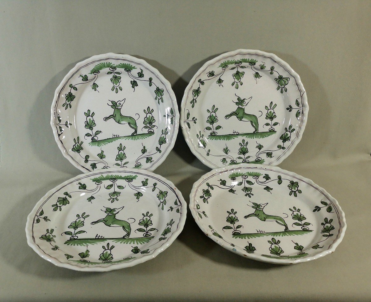 Faience De Bordeaux, 5 Assiettes XVIIIe, D&eacute;cor &agrave; La Levrette, Cama&iuml;eu De Vert &amp; Mangan&egrave;se-photo-2