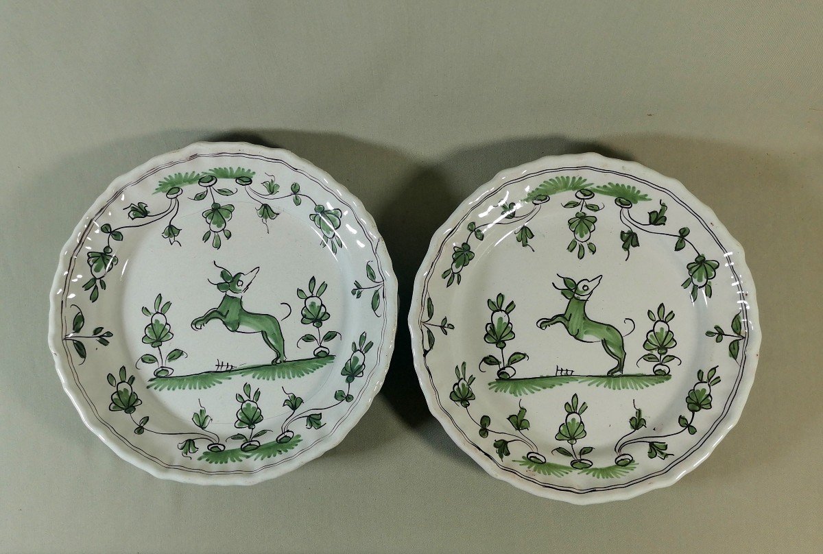 Faience De Bordeaux, 5 Assiettes XVIIIe, D&eacute;cor &agrave; La Levrette, Cama&iuml;eu De Vert &amp; Mangan&egrave;se-photo-3