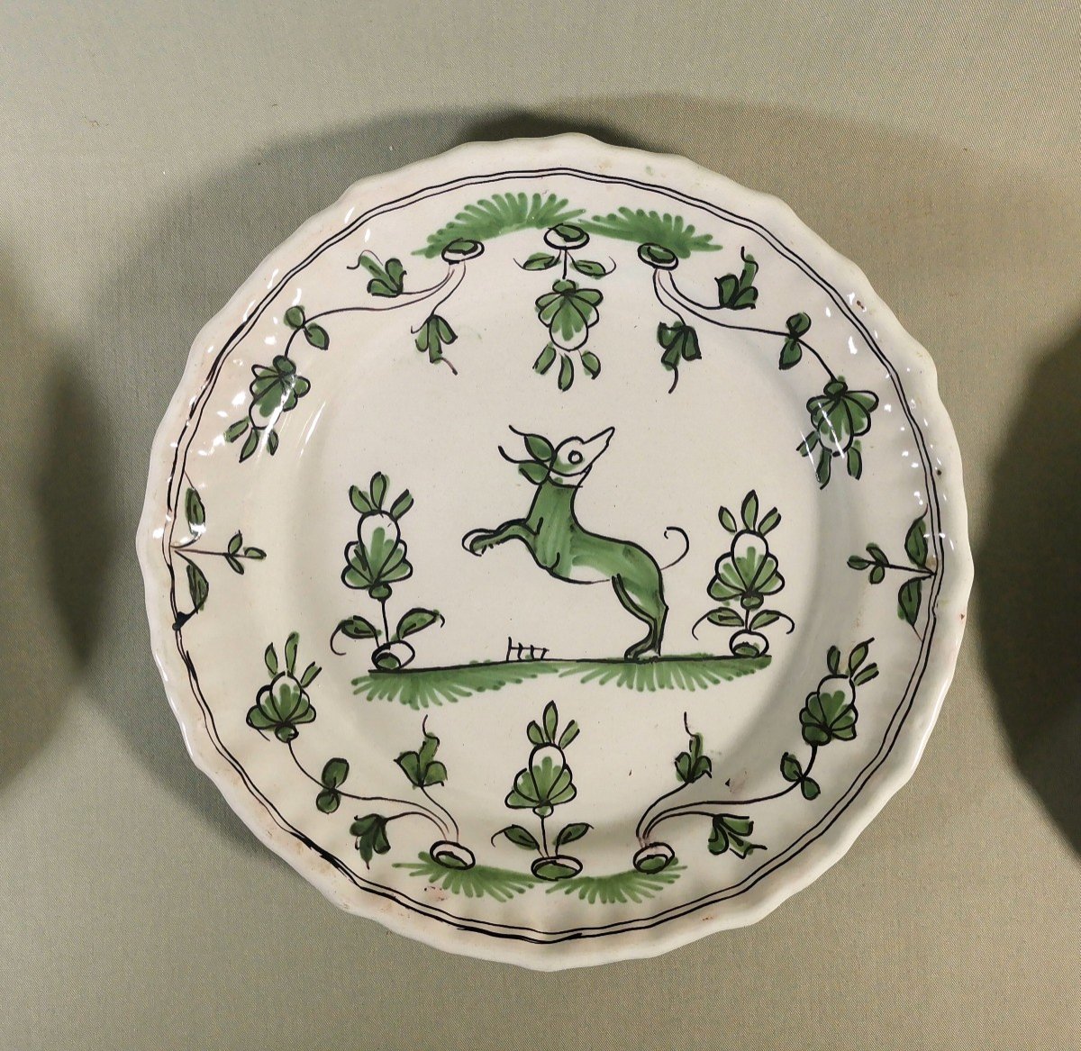 Faience De Bordeaux, 5 Assiettes XVIIIe, D&eacute;cor &agrave; La Levrette, Cama&iuml;eu De Vert &amp; Mangan&egrave;se-photo-4