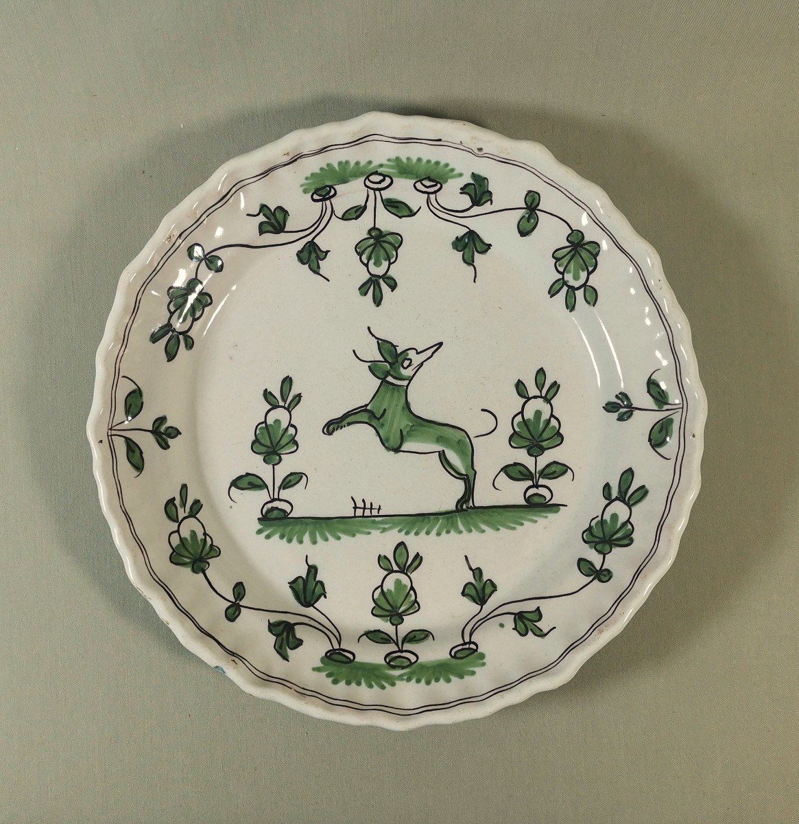 Faience De Bordeaux, 5 Assiettes XVIIIe, D&eacute;cor &agrave; La Levrette, Cama&iuml;eu De Vert &amp; Mangan&egrave;se-photo-5