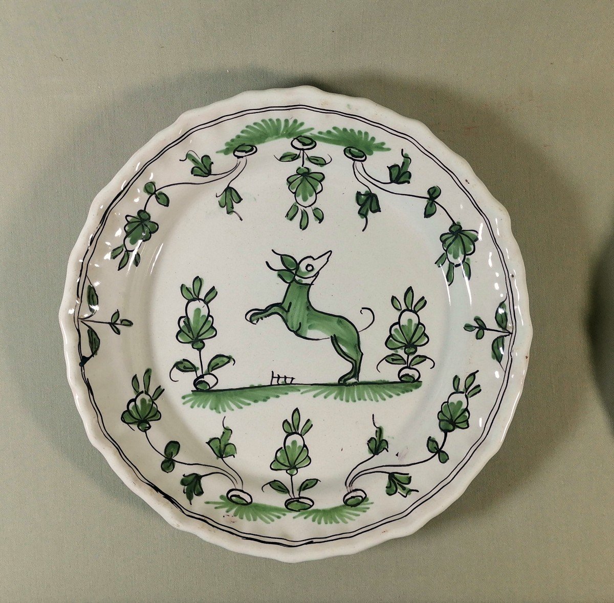 Faience De Bordeaux, 5 Assiettes XVIIIe, D&eacute;cor &agrave; La Levrette, Cama&iuml;eu De Vert &amp; Mangan&egrave;se-photo-6