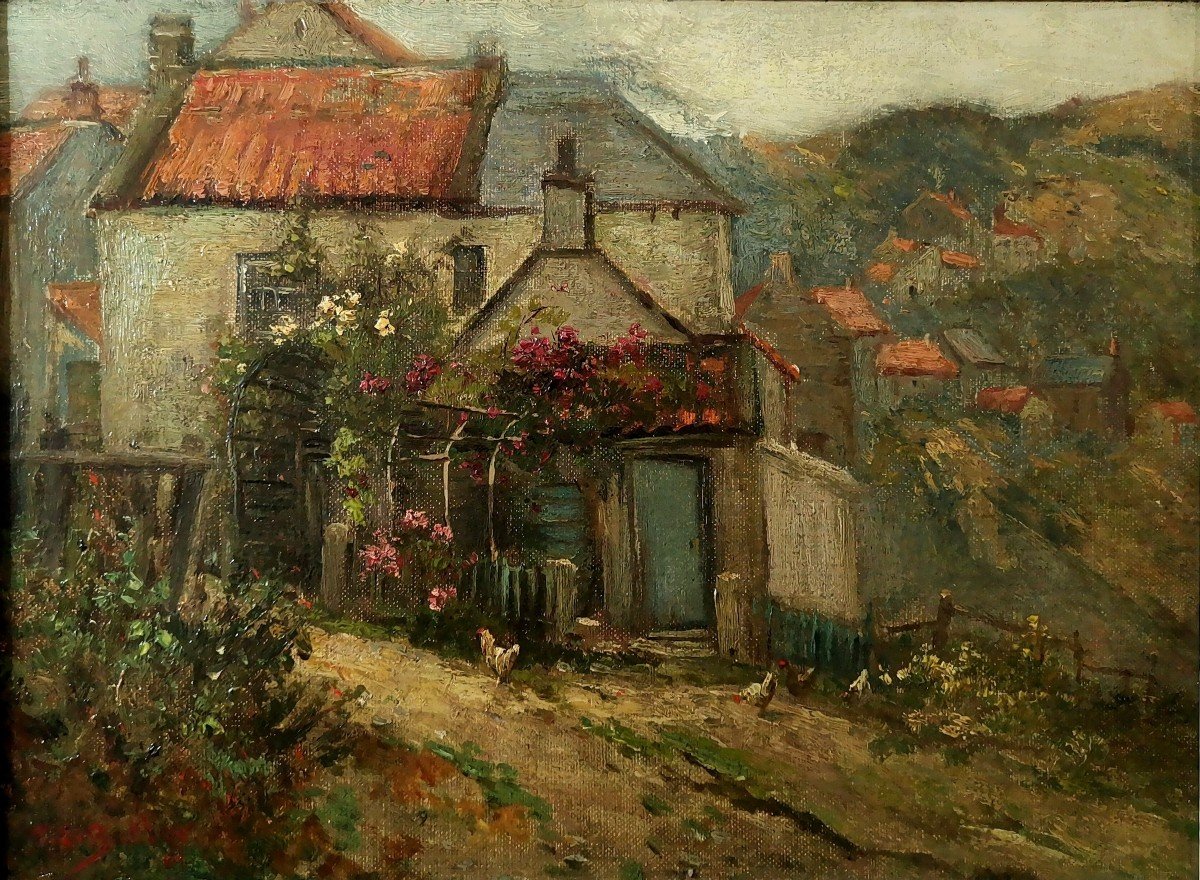 Theodore Earl Butler, Huile Sur Toile Pr&eacute; Impressionniste, Cours de Ferme Anim&eacute;e de Volailles -photo-2