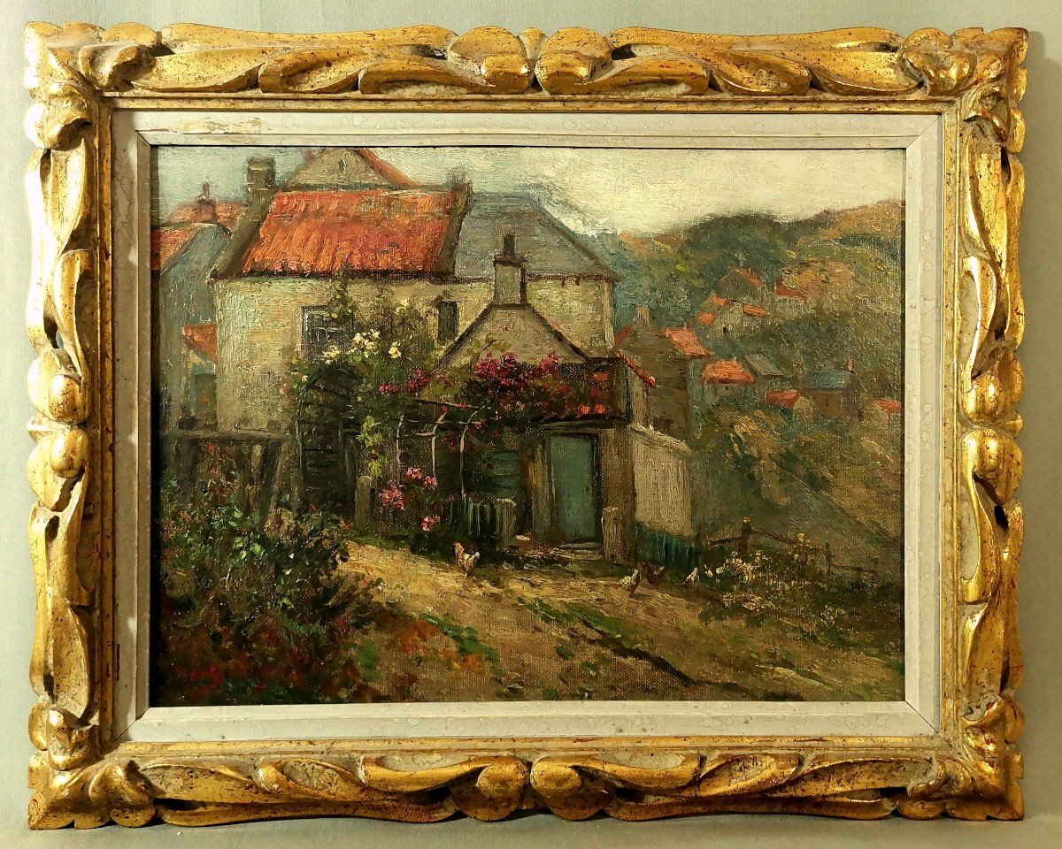 Theodore Earl Butler, Huile Sur Toile Pr&eacute; Impressionniste, Cours de Ferme Anim&eacute;e de Volailles 