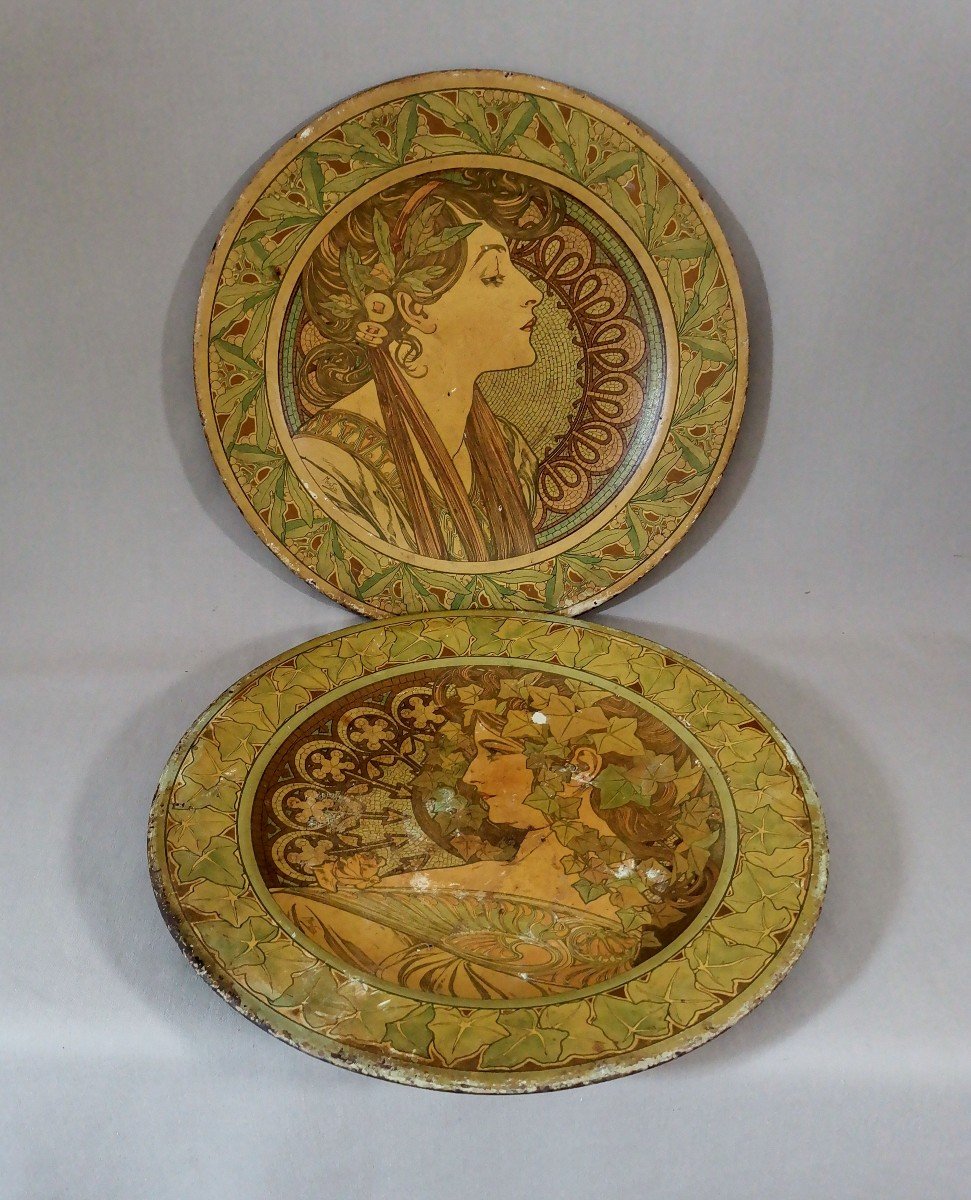 Alphonse Mucha, Pair F Art Nouveau Plates, Screen-printed Sheet Metal, Ivy & Laurel, Circa 1900-photo-4