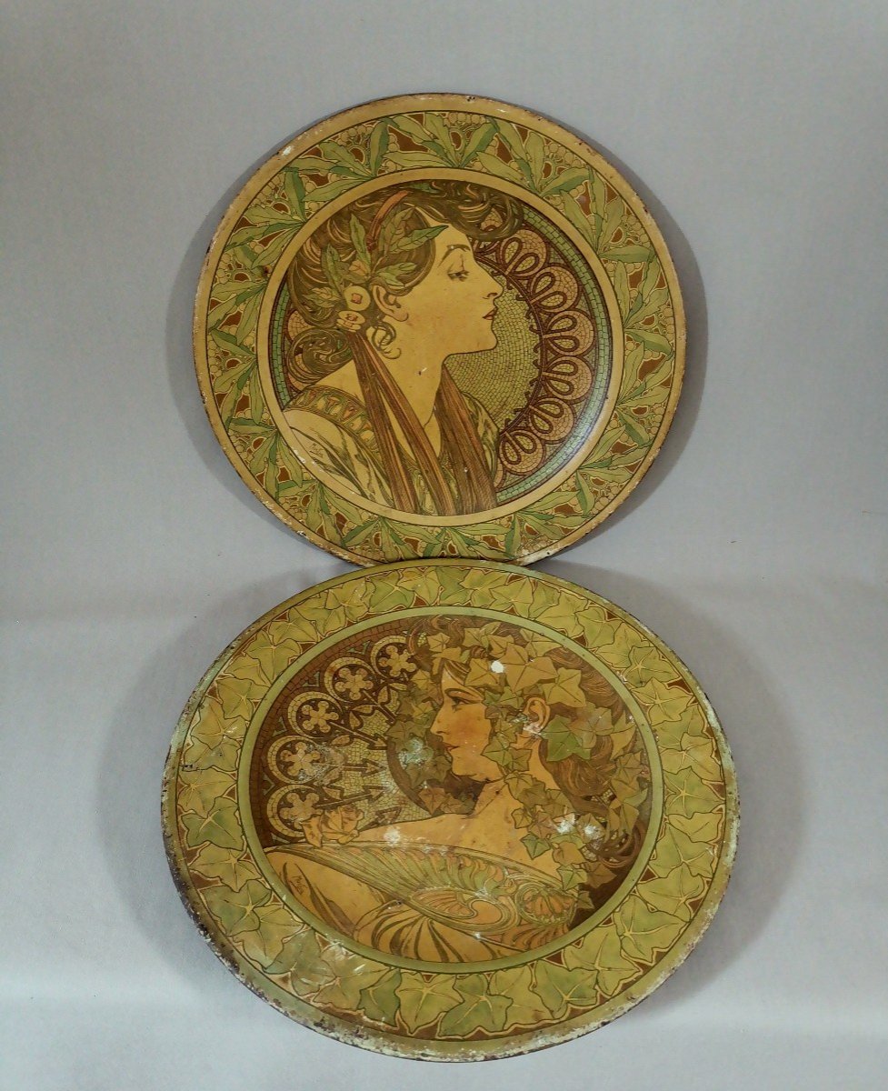 Alphonse Mucha, Pair F Art Nouveau Plates, Screen-printed Sheet Metal, Ivy & Laurel, Circa 1900-photo-7