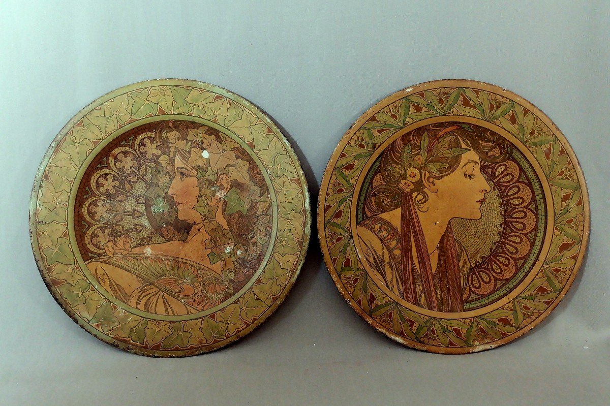 Alphonse Mucha, Pair F Art Nouveau Plates, Screen-printed Sheet Metal, Ivy & Laurel, Circa 1900