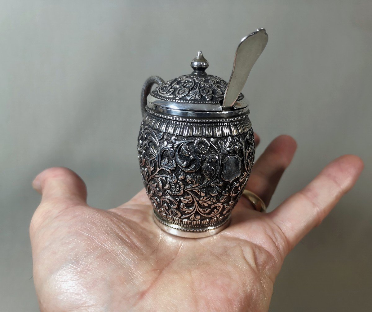 Pot à Moutarde, Moutardier, Argent Indien Kutch, Très Bel Objet Fait Main, Repoussé et Ciselé-photo-8