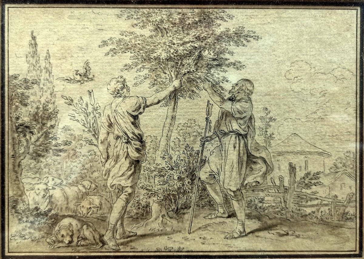 Jean Baptiste Leprince, Dessin Lavis XVIIIe, D&eacute;nicheurs d&#039;Oiseaux, Comte de Bessas de la M&eacute;gie-photo-3