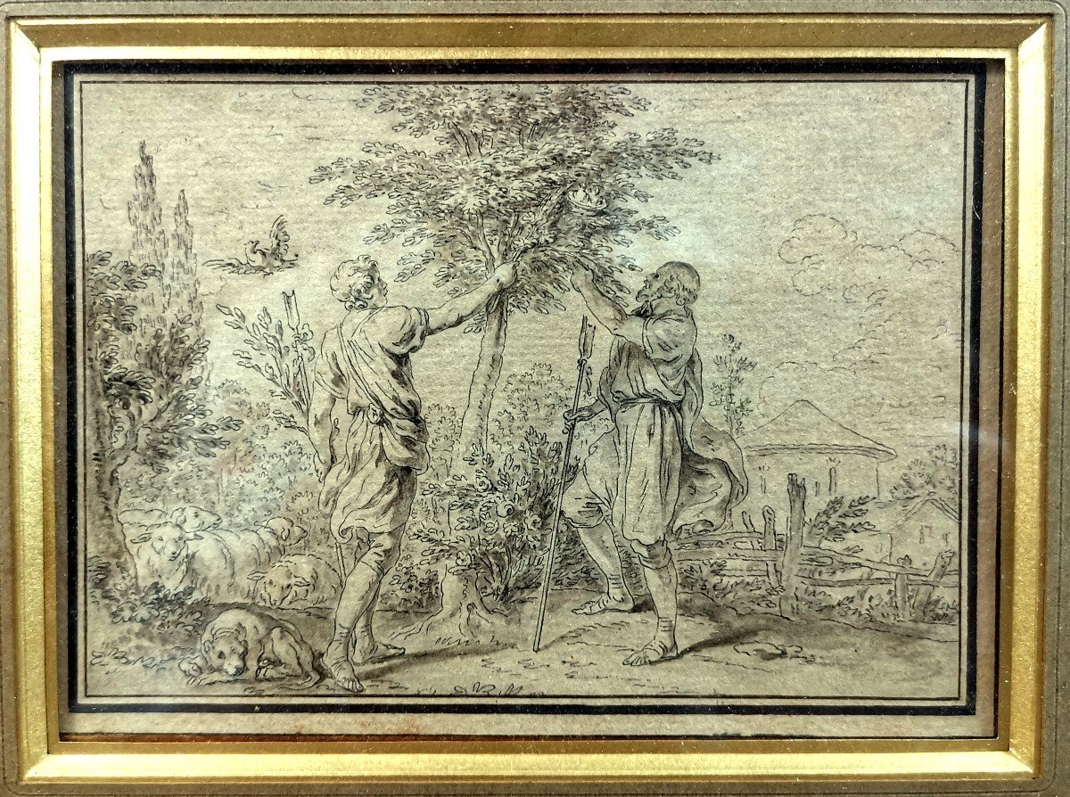 Jean Baptiste Leprince, Dessin Lavis XVIIIe, D&eacute;nicheurs d&#039;Oiseaux, Comte de Bessas de la M&eacute;gie-photo-1