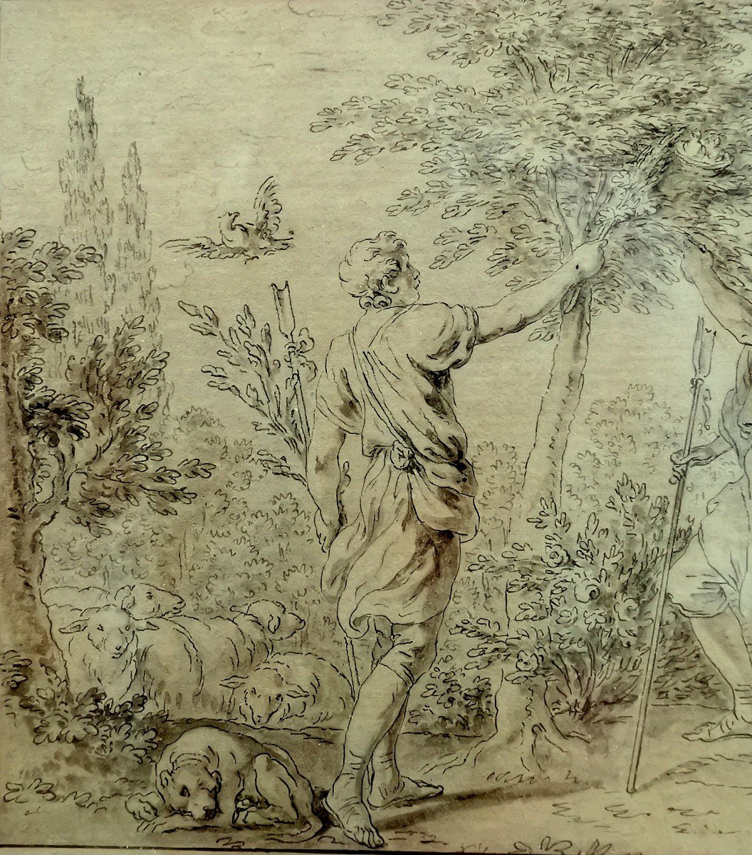 Jean Baptiste Leprince, Dessin Lavis XVIIIe, D&eacute;nicheurs d&#039;Oiseaux, Comte de Bessas de la M&eacute;gie-photo-2