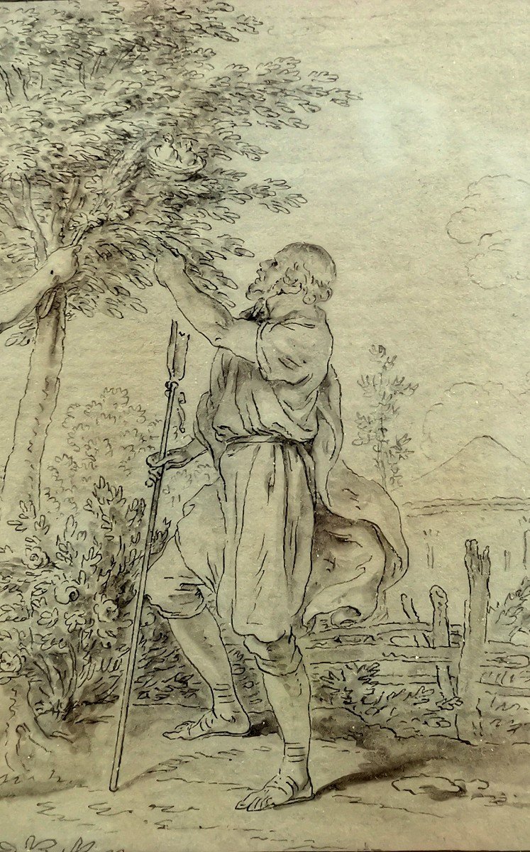 Jean Baptiste Leprince, Dessin Lavis XVIIIe, D&eacute;nicheurs d&#039;Oiseaux, Comte de Bessas de la M&eacute;gie-photo-3