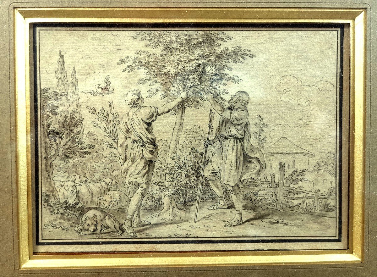 Jean Baptiste Leprince, Dessin Lavis XVIIIe, D&eacute;nicheurs d&#039;Oiseaux, Comte de Bessas de la M&eacute;gie