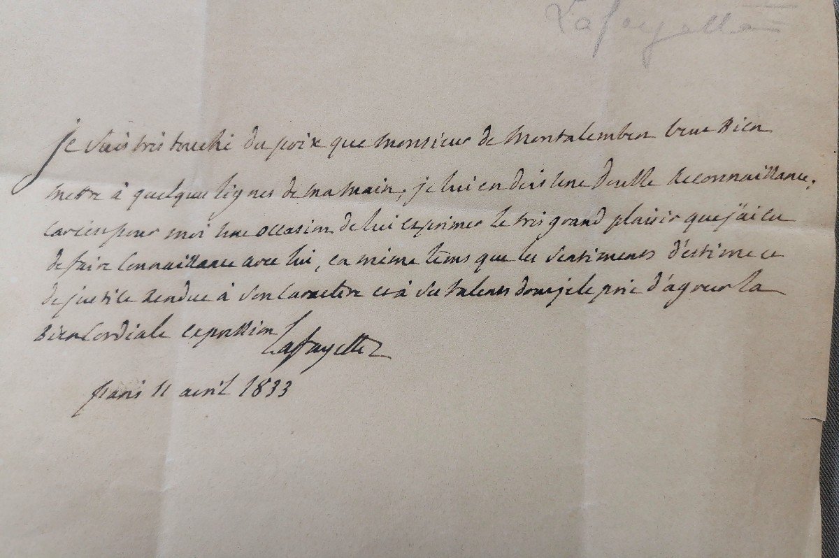 Lettre Autographe De Lafayette Gilbert Du Motier &agrave; Monsieur De Montalembert, Paris11 Avril 1833-photo-3