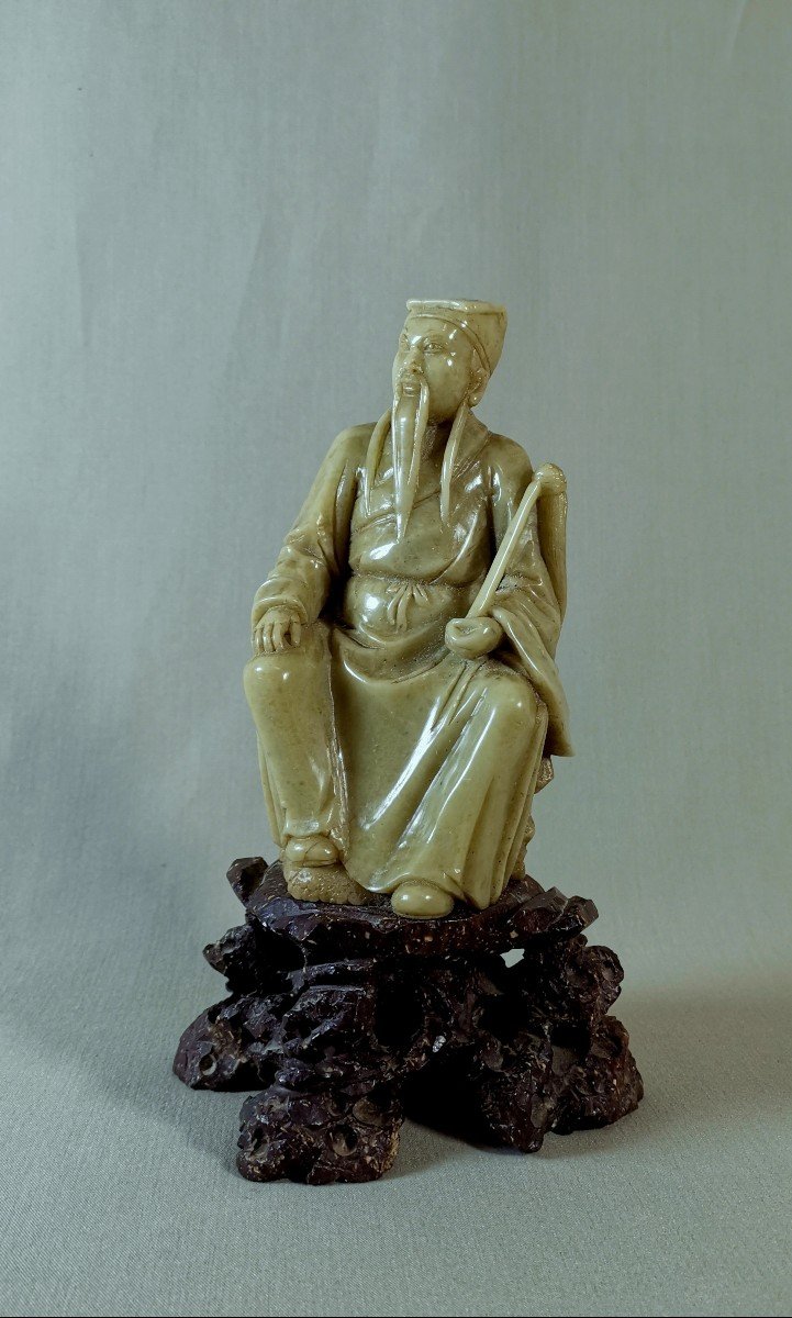 China 19th Century, Qing Dynasty, Dignitary Figure, Steatite Sage, Shaded Green Color