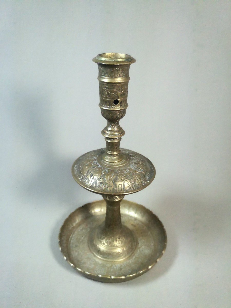 19th Century Brass Candlestick Or Torch With Engraved Decoration Of Characters,  Iran Qajar Art-photo-2