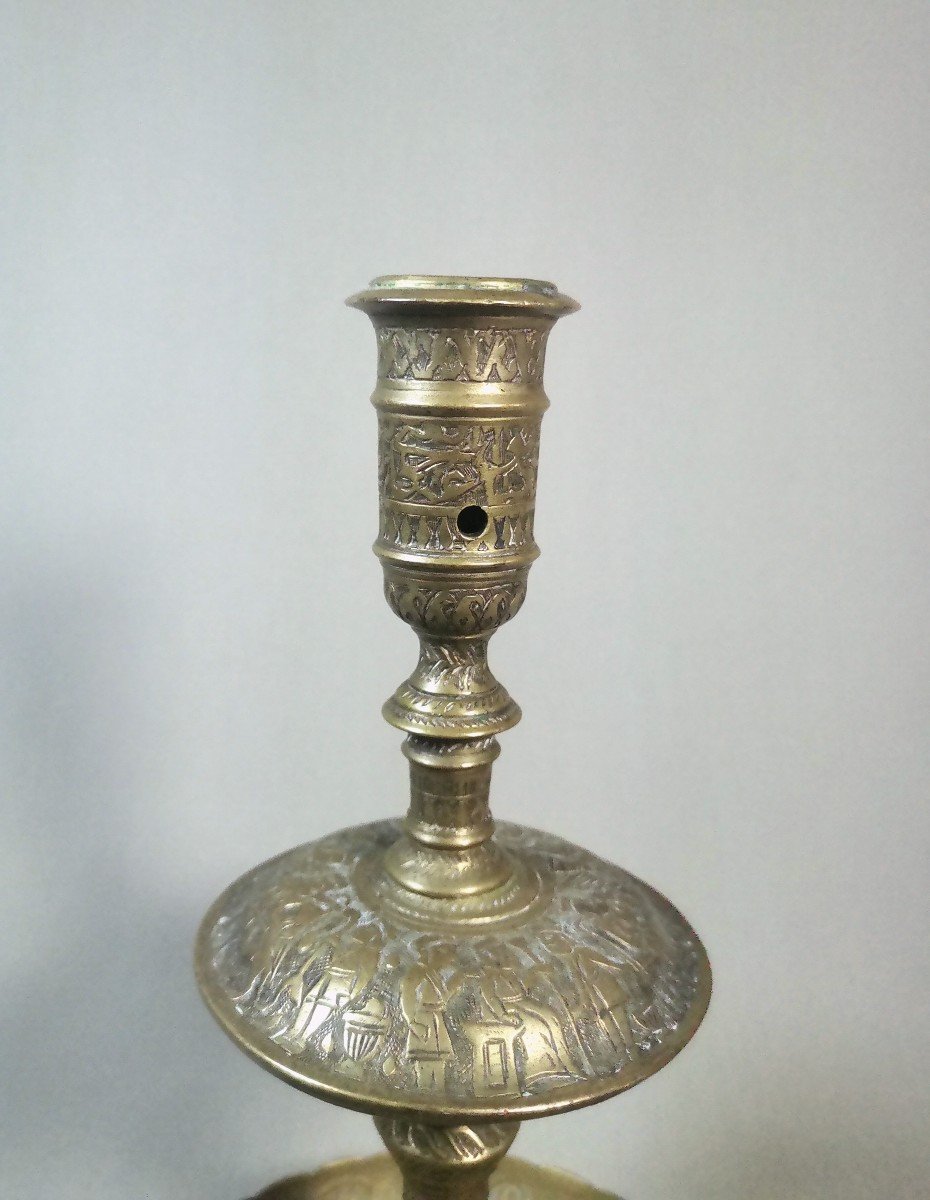   Iran Qajar Art19th Century Brass Candlestick Or Torch With Engraved Decoration Of Characters,-photo-3