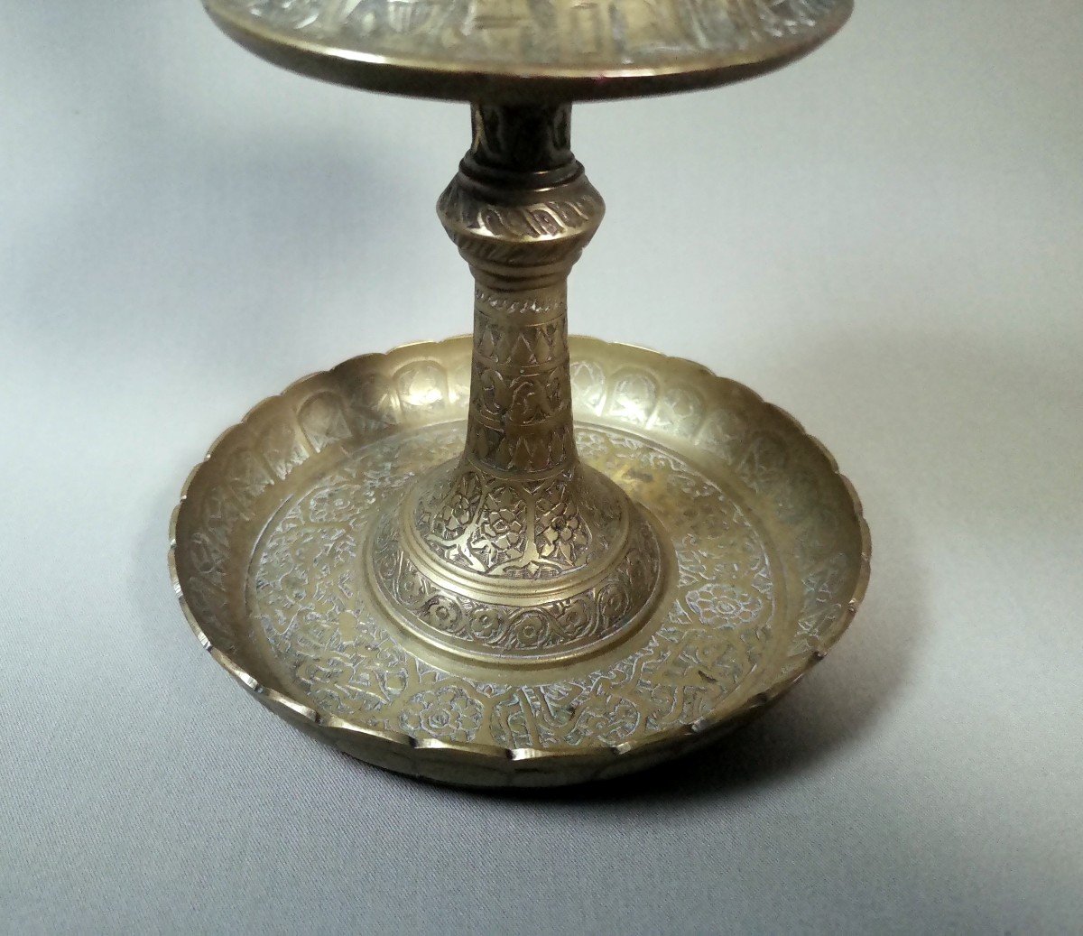   Iran Qajar Art19th Century Brass Candlestick Or Torch With Engraved Decoration Of Characters,-photo-4