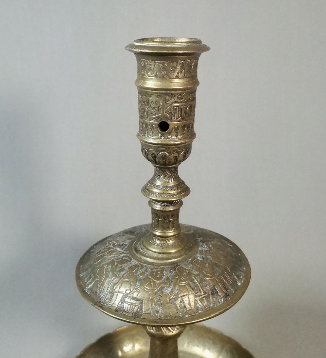   Iran Qajar Art19th Century Brass Candlestick Or Torch With Engraved Decoration Of Characters,-photo-1