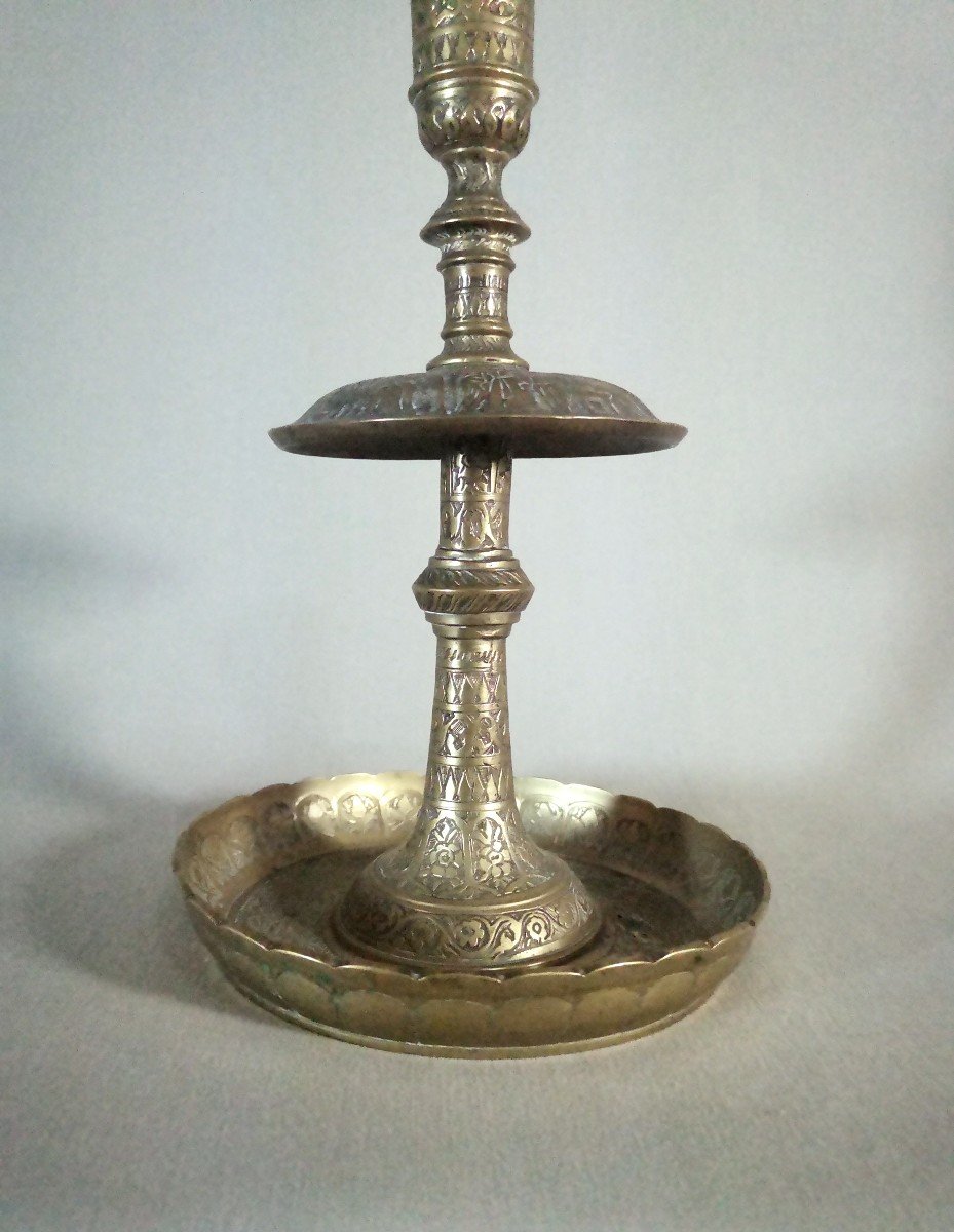 19th Century Brass Candlestick Or Torch With Engraved Decoration Of Characters,  Iran Qajar Art-photo-3