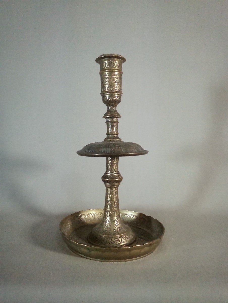 19th Century Brass Candlestick Or Torch With Engraved Decoration Of Characters,  Iran Qajar Art-photo-4