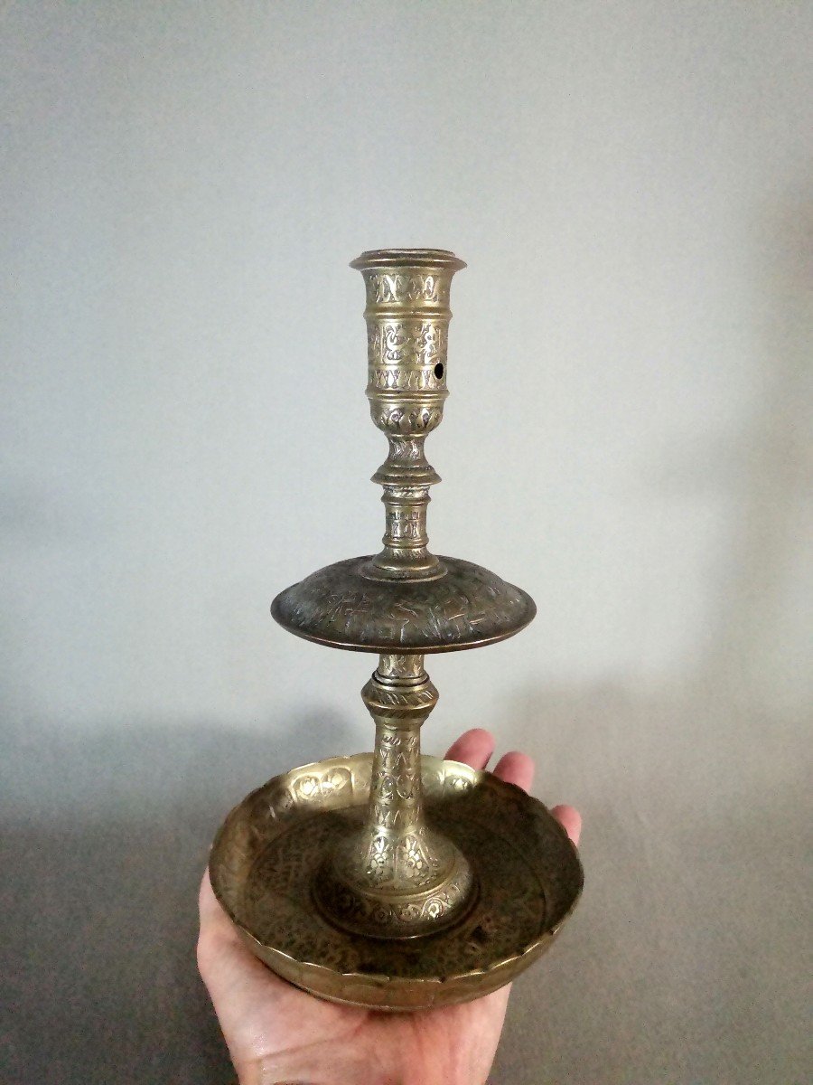 19th Century Brass Candlestick Or Torch With Engraved Decoration Of Characters,  Iran Qajar Art-photo-8