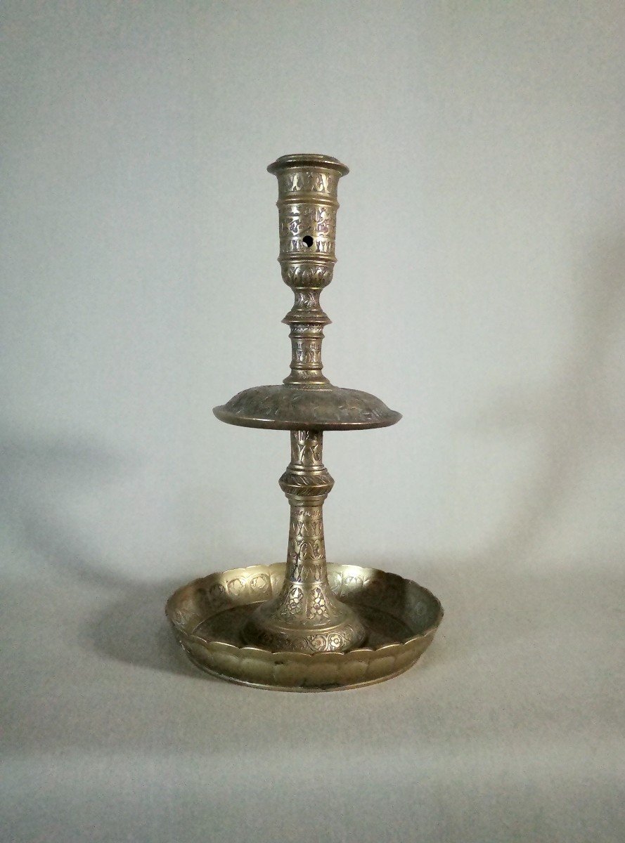   Iran Qajar Art19th Century Brass Candlestick Or Torch With Engraved Decoration Of Characters,