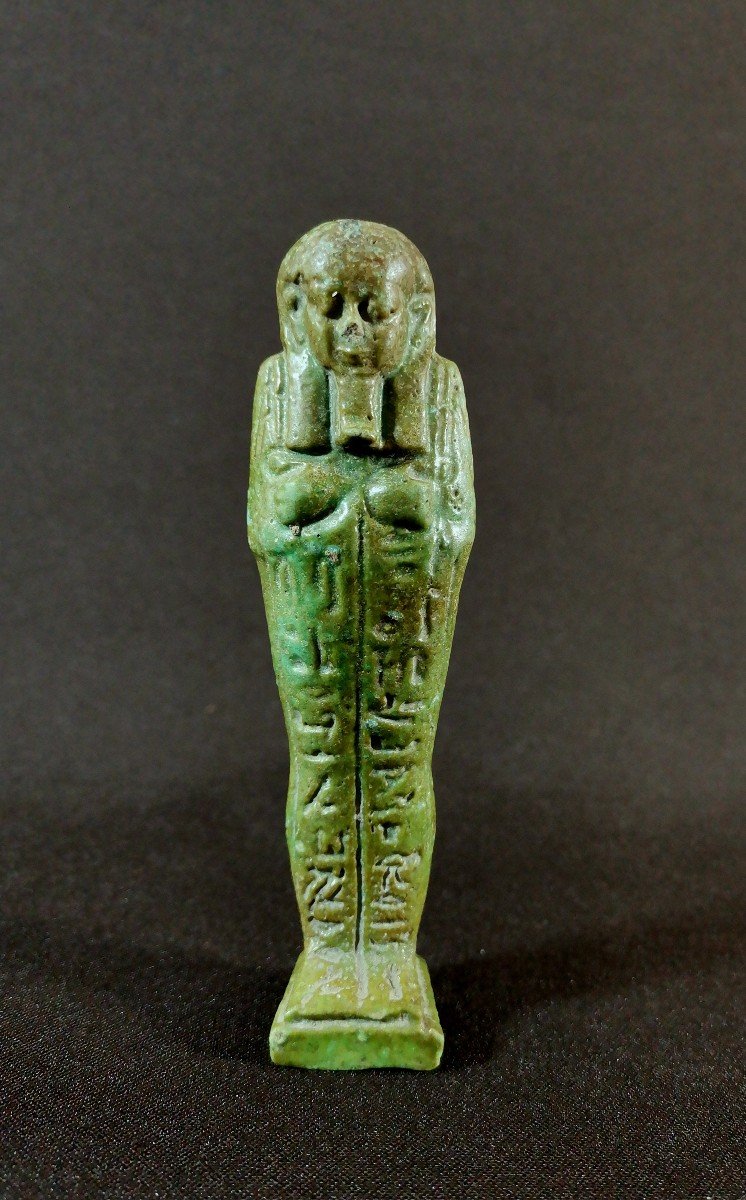 Green Enameled Frit Oushebti, Egypt, Second Half Of The XXVI Dynasty, Decrypted