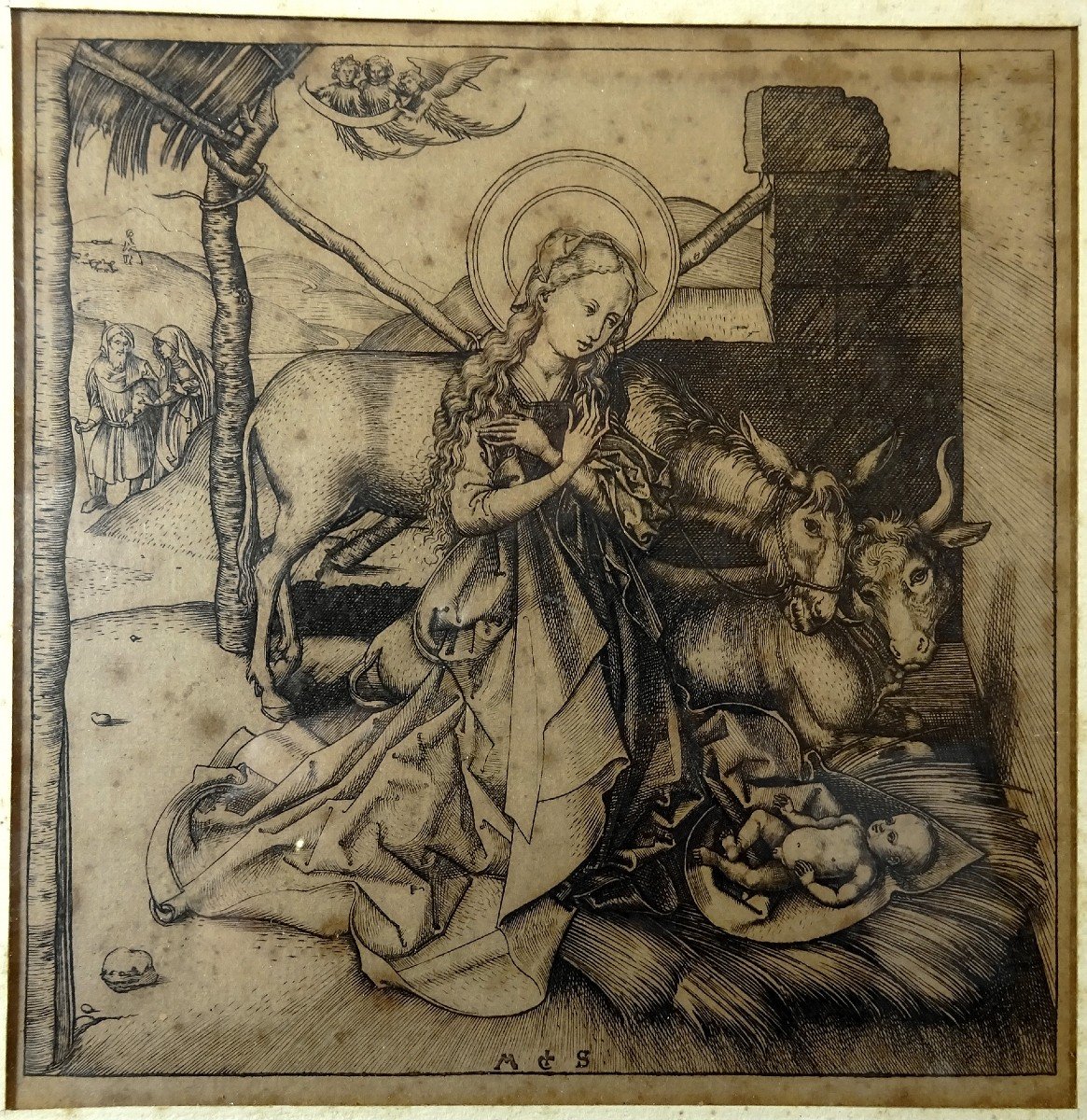 La Nativité, Estampe Burin de Martin Schongauer, Naissance de Jésus, Crèche, Armand-Durand 