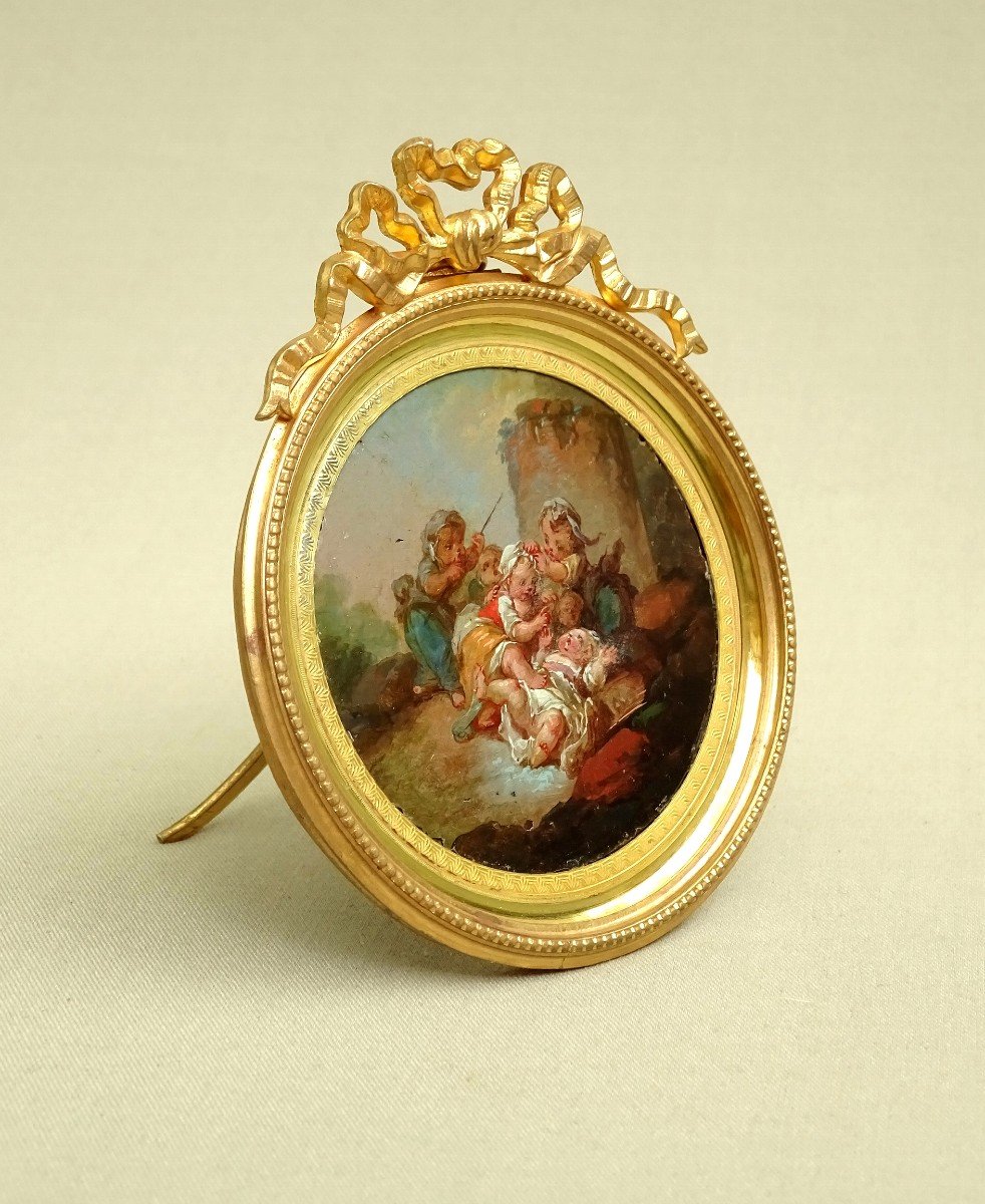 François Boucher Or Circle Artist Of, Cinq Amours Or Putti Jouant, Tondo Oil Paint Miniature-photo-2