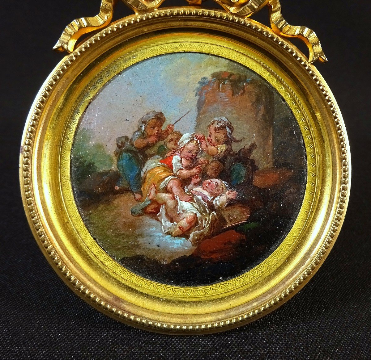 François Boucher Or Circle Artist Of, Cinq Amours Or Putti Jouant, Tondo Oil Paint Miniature-photo-3