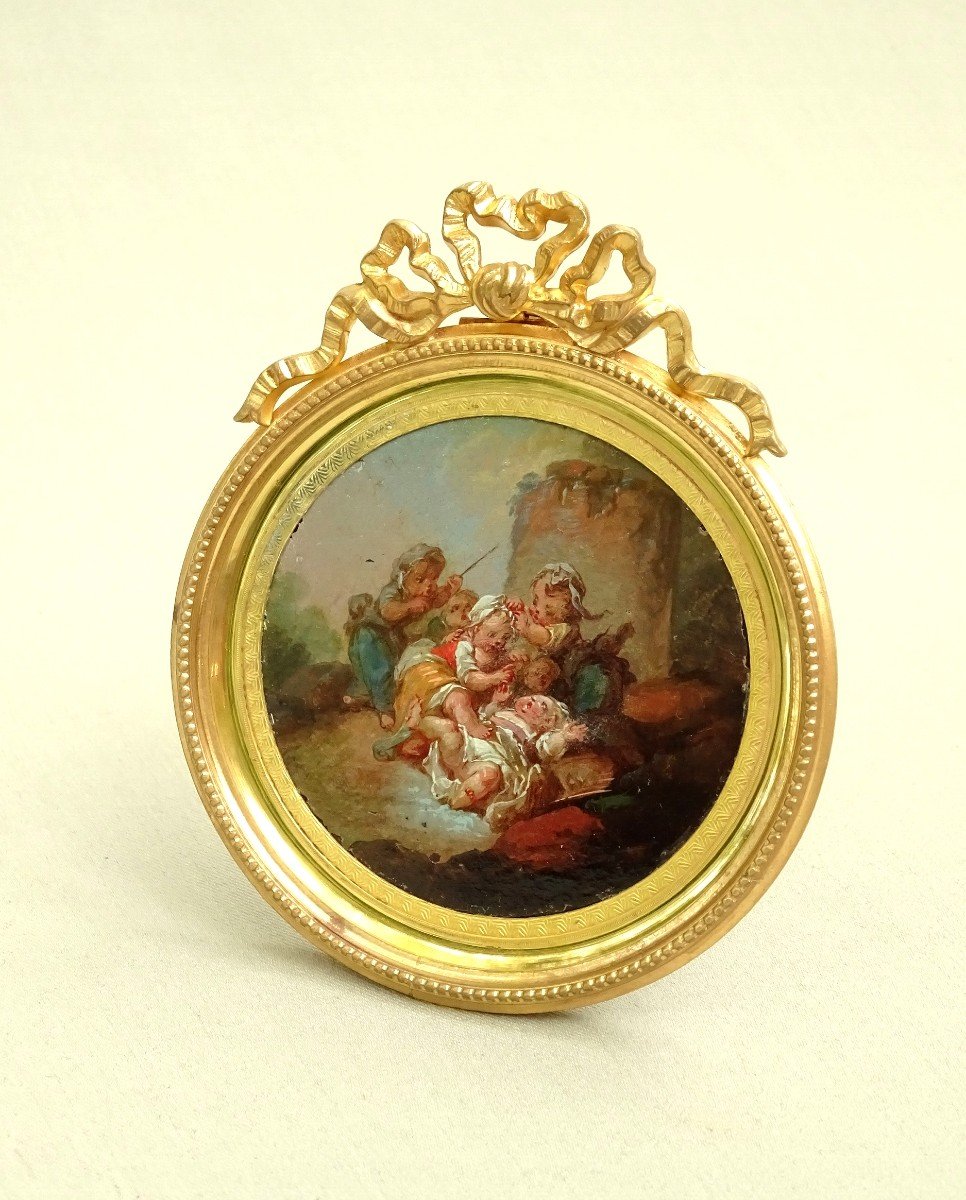 François Boucher Or Circle Artist Of, Cinq Amours Or Putti Jouant, Tondo Oil Paint Miniature-photo-4