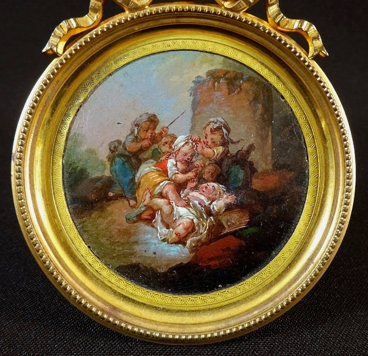 François Boucher Or Circle Artist Of, Cinq Amours Or Putti Jouant, Tondo Oil Paint Miniature-photo-1