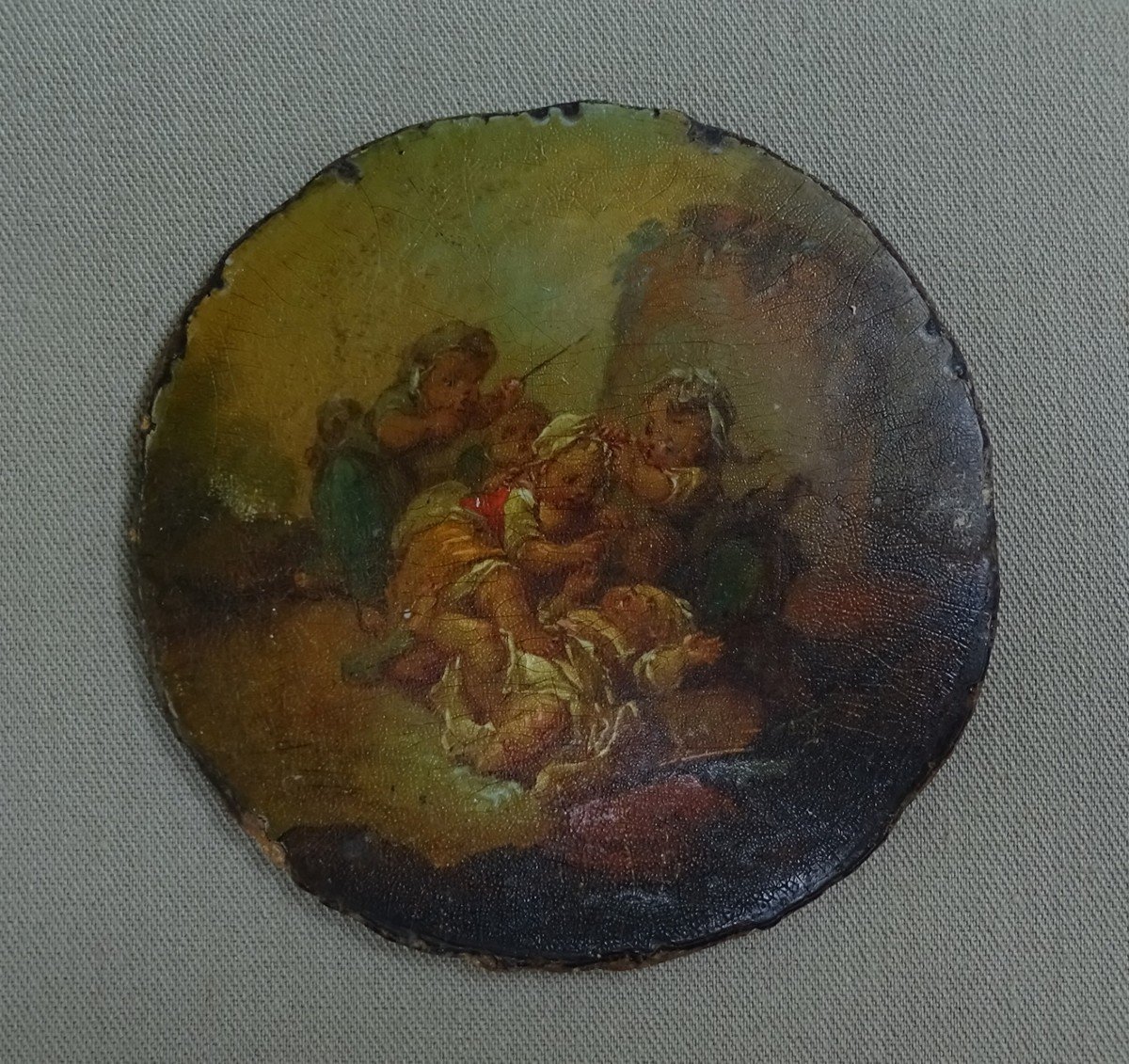 François Boucher Or Circle Artist Of, Cinq Amours Or Putti Jouant, Tondo Oil Paint Miniature-photo-3