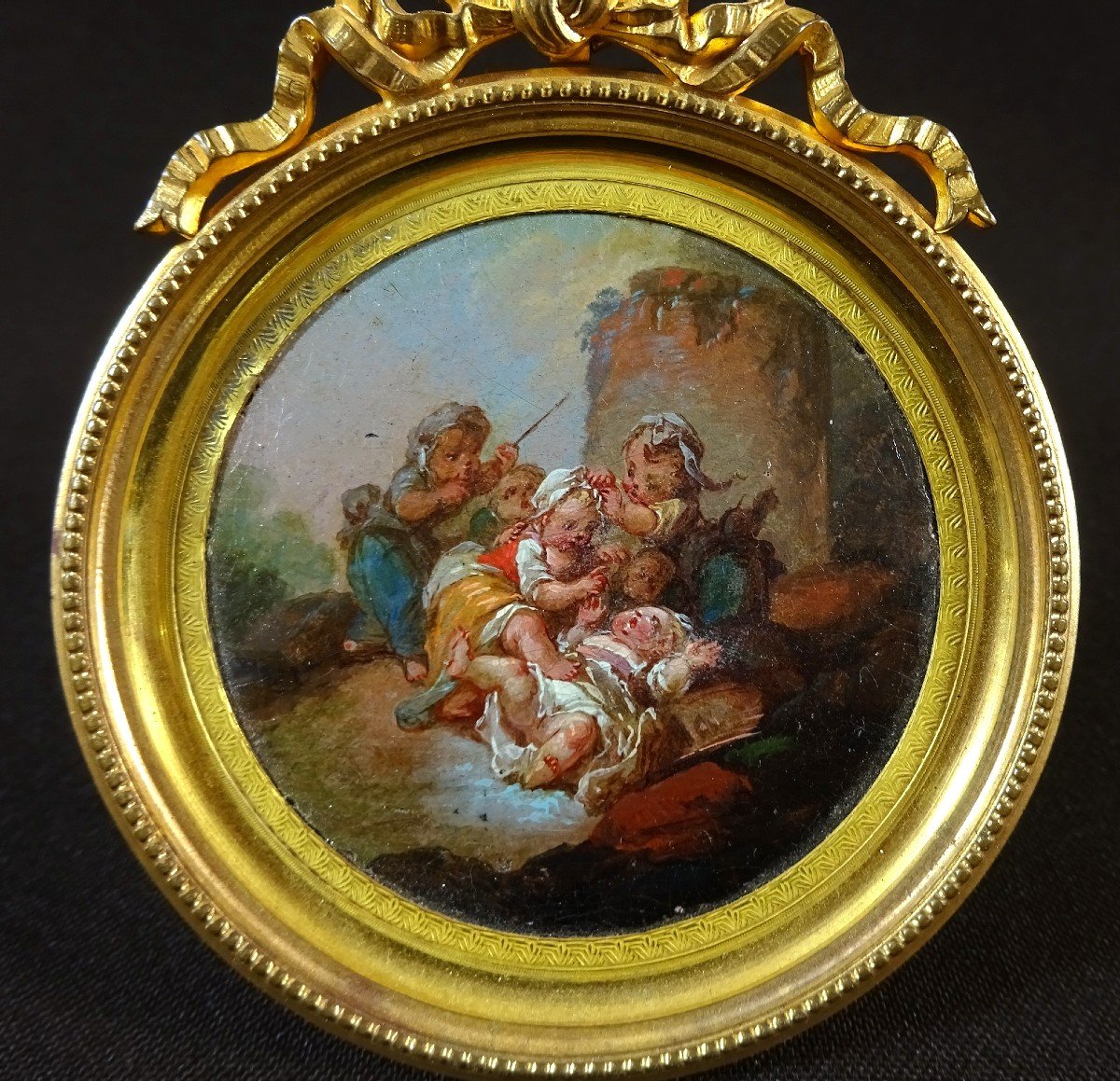 François Boucher Or Circle Artist Of, Cinq Amours Or Putti Jouant, Tondo Oil Paint Miniature-photo-4