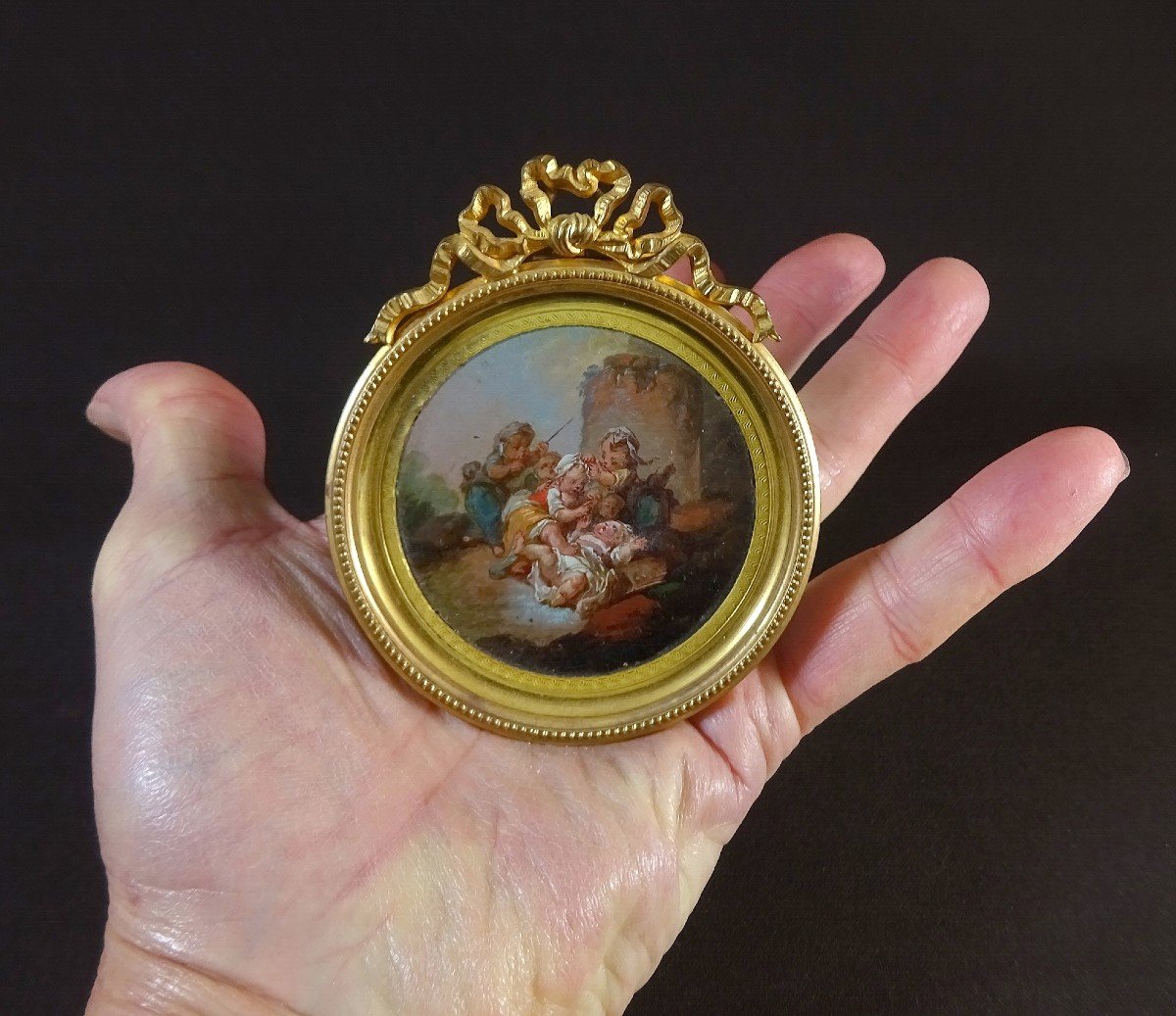 François Boucher Or Circle Artist Of, Cinq Amours Or Putti Jouant, Tondo Oil Paint Miniature-photo-7