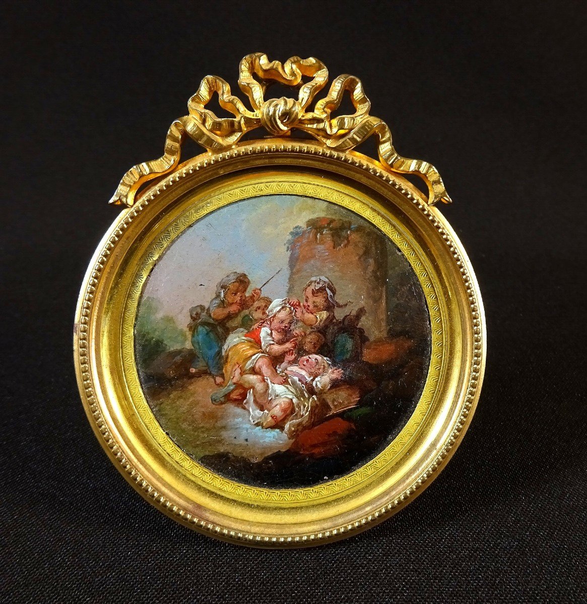 François Boucher Or Circle Artist Of, Cinq Amours Or Putti Jouant, Tondo Oil Paint Miniature