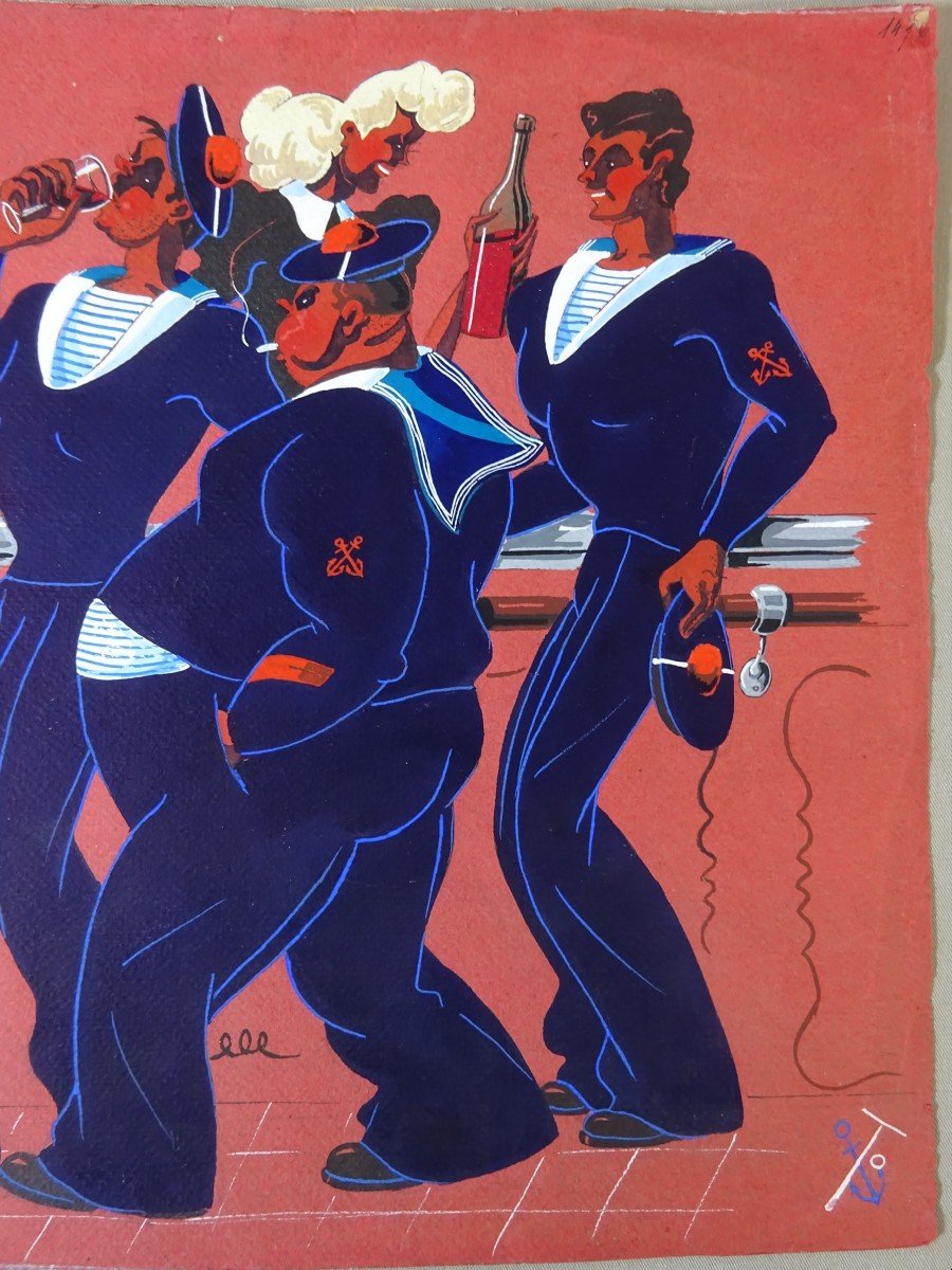 Claude Coullet, Gouache Caricature, Les Gars De La Marine, Piliers Comptoir, Chez Lignières-photo-3