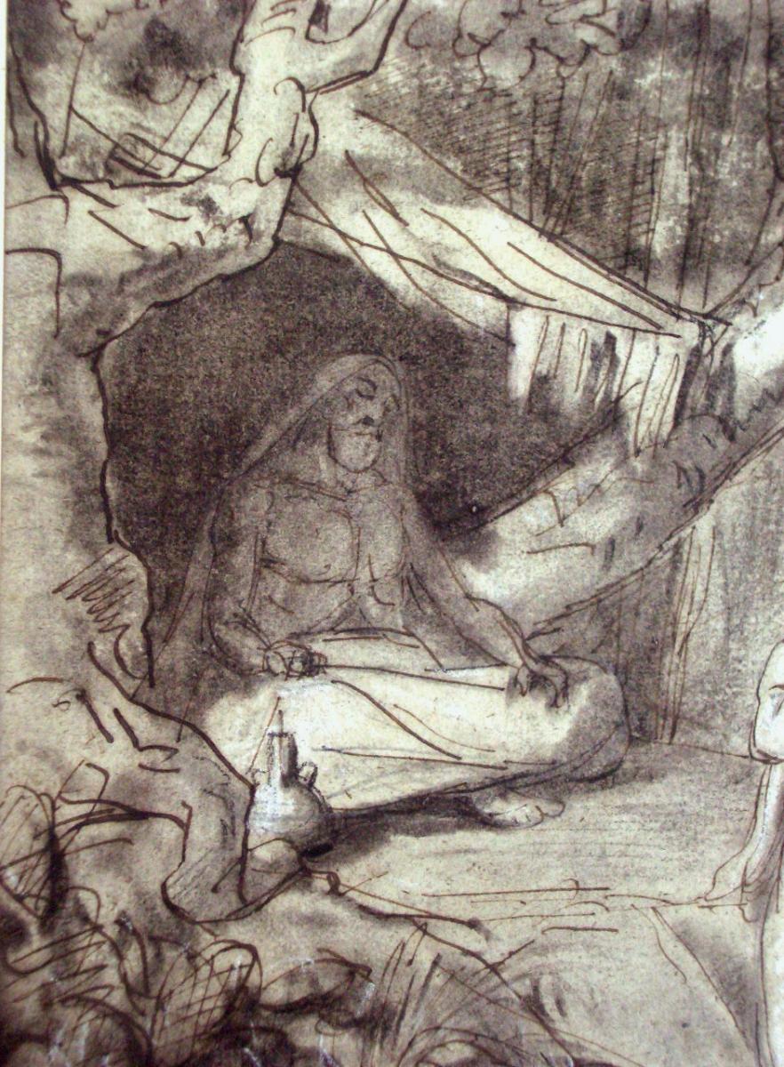 Alexandre Bida Beautiful Orientalist Drawing, Charcoal, Feather & Highlights Of White-photo-4