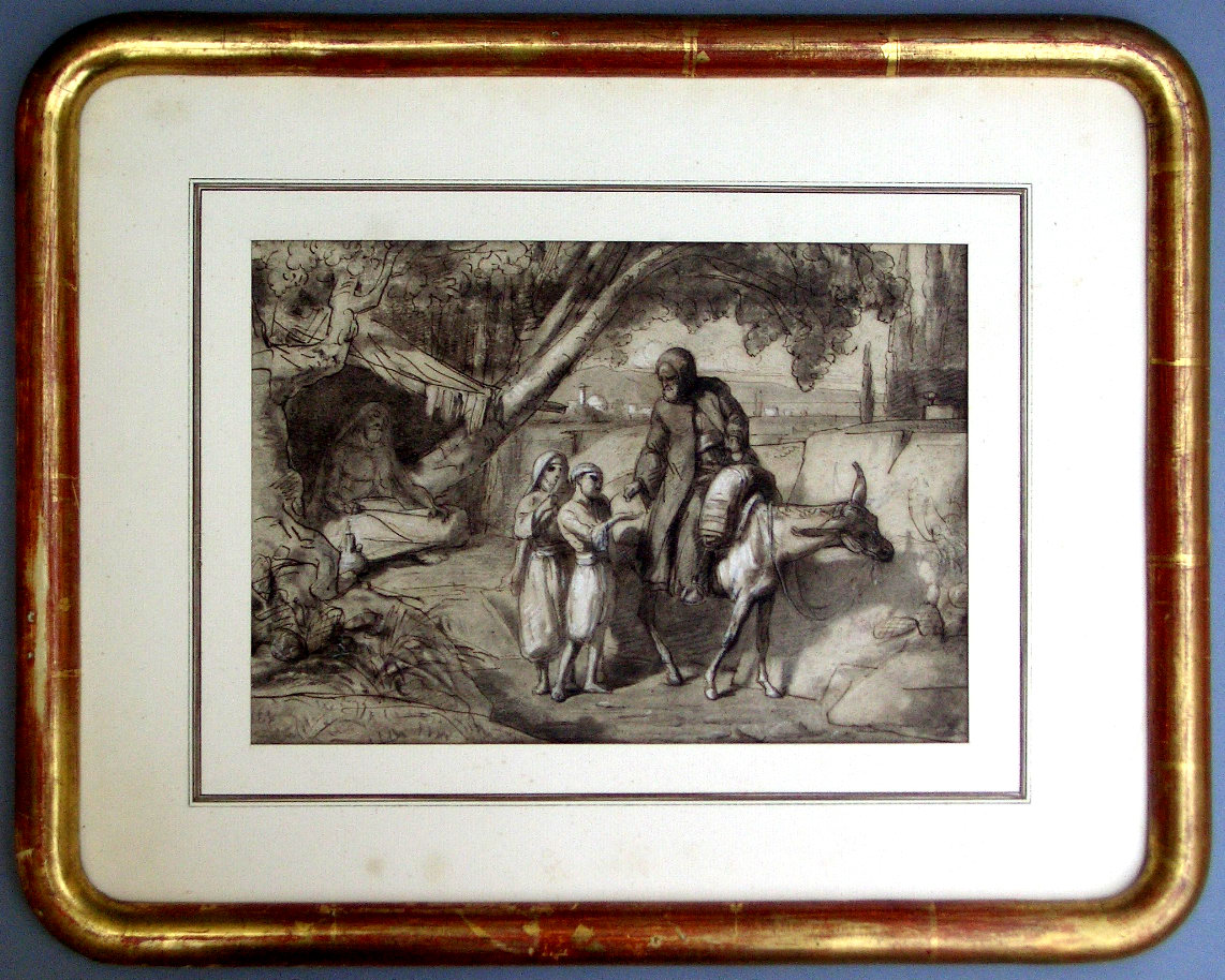 Alexandre Bida Beautiful Orientalist Drawing, Charcoal, Feather & Highlights Of White-photo-8