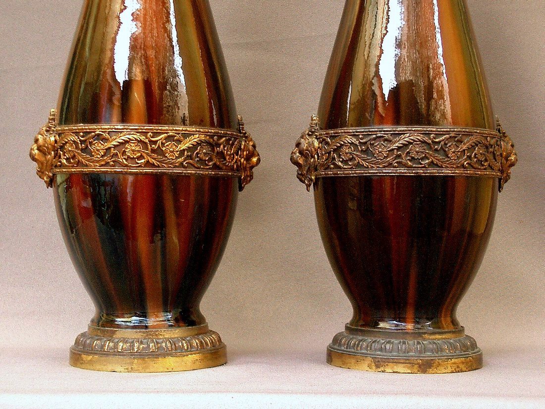 Paire d'Importants Vases du XIXeme à Glaçure Jaspée et Monture Bronze doré-photo-3