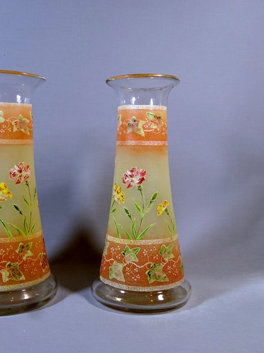 Pair Of Art Nouveau Diabolo Vases Decorated To Carnation Flowers And Virgin Vine , Legras Or Style, Circa 1900-photo-3